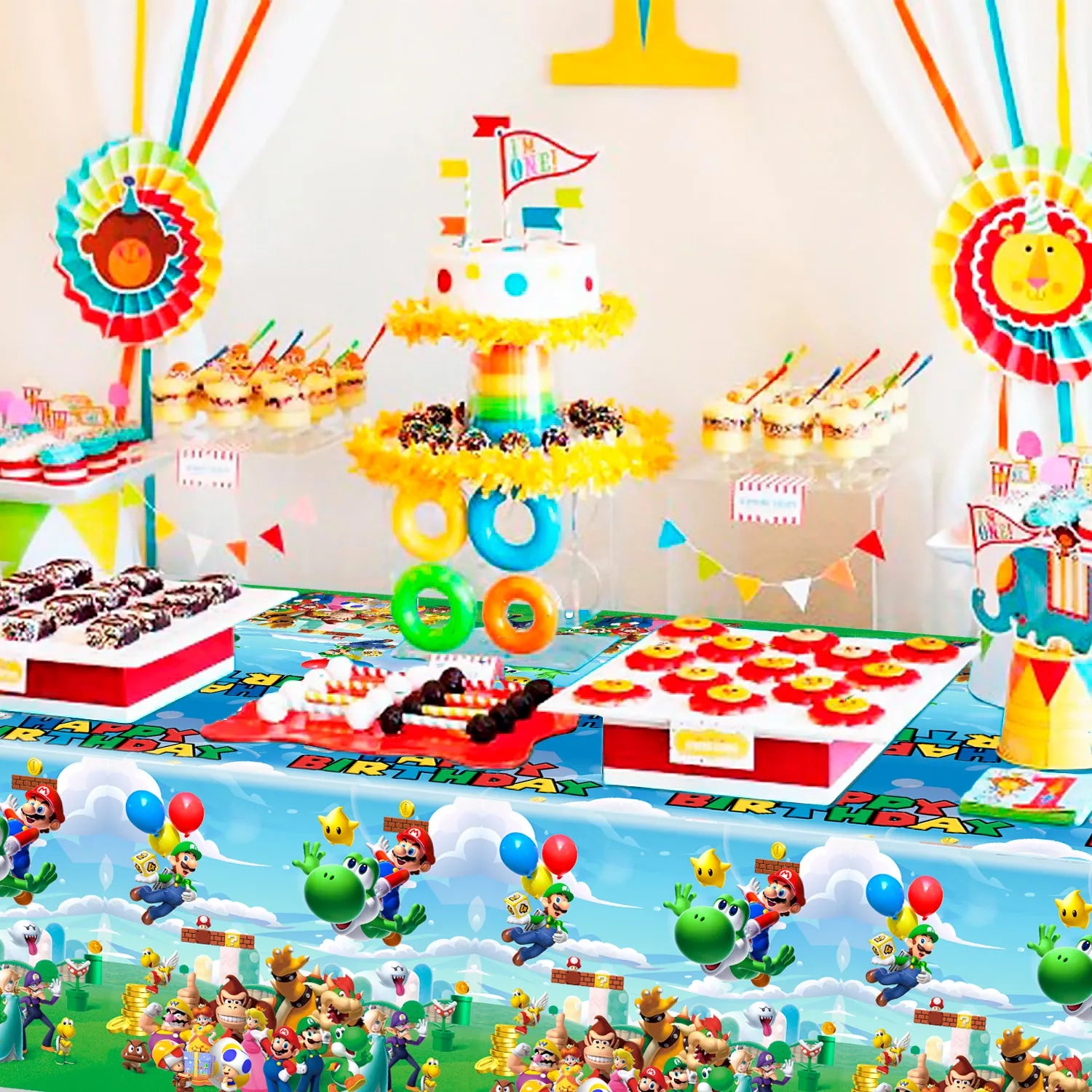 Super Mario Birthday Party Supplies - Super Mario Tablecloth, 3pcs Mario Bros Table Cover - 42.5" x 70.8", for Boys Kids Mario Brothers Birthday, Mario Theme Party Supplies