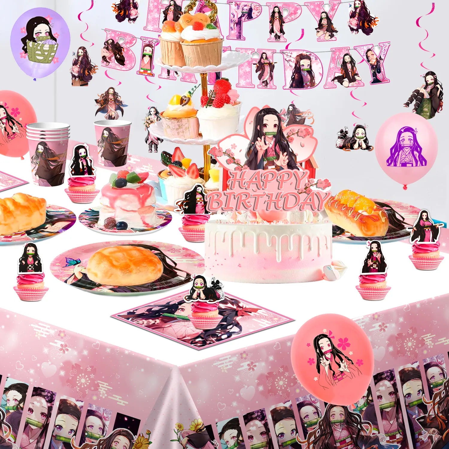 Nezuko Birthday Party Decorations, 87 Pcs Nezuko Theme Birthday Party Supplies Include Nezuko Birthday Balloon Banner & Nezuko Party Plates Napkins Tablecloth etc Demon Anime Birthday Decorations