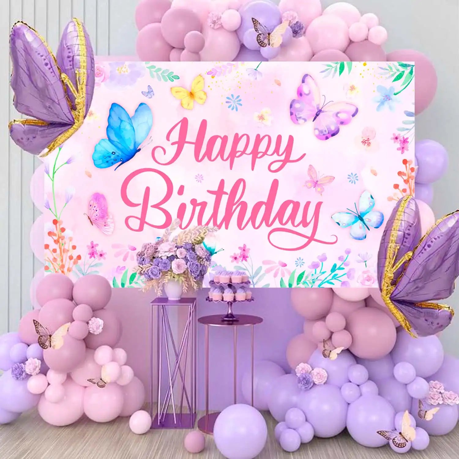 43'' x 71'' Butterfly Birthday Backdrop for Butterfly Birthday Party Decorations Supplies, Butterfly Birthday Party Banner Background Butterfly Background for Spring Butterflies Birthday Decorations