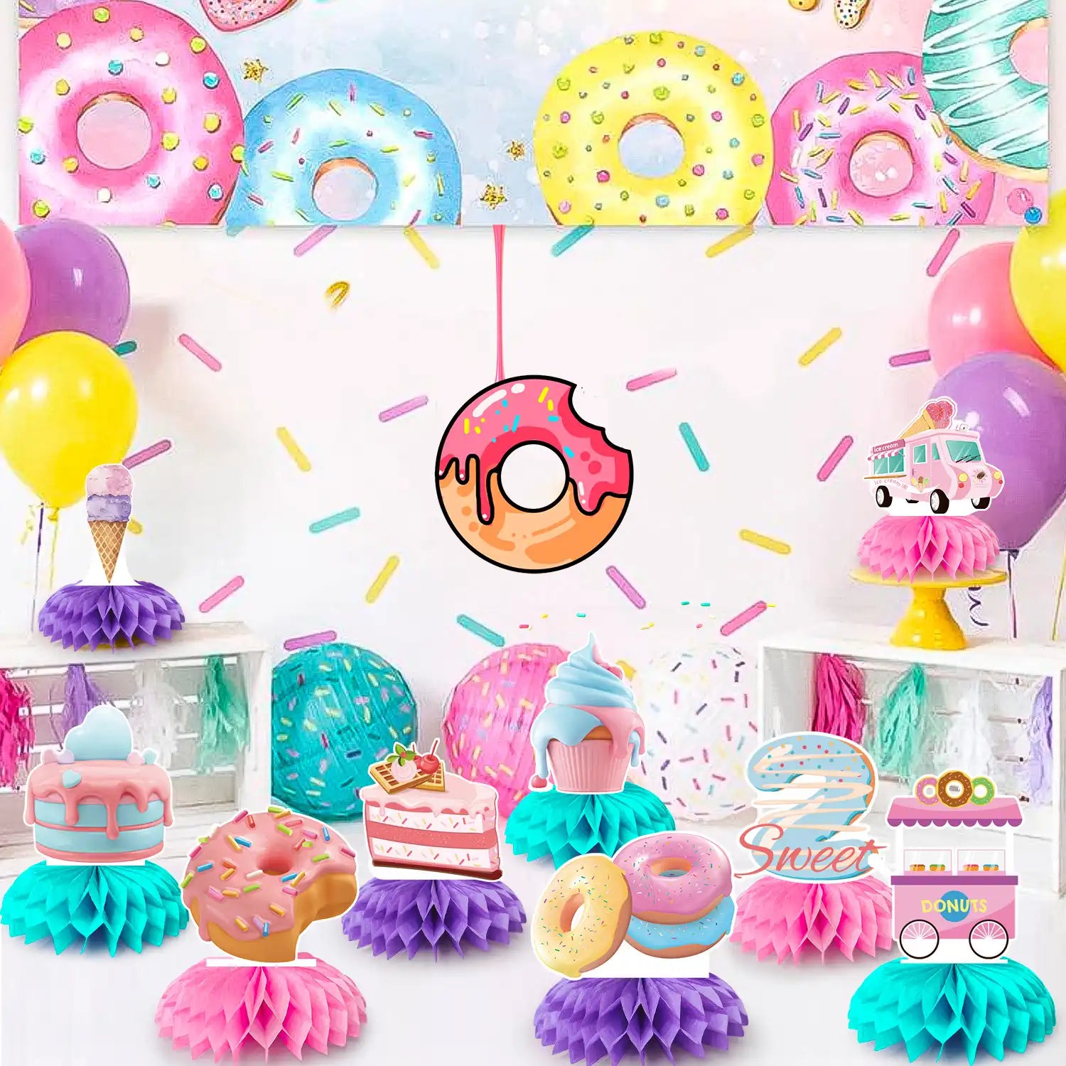 Donut Honeycomb Centerpieces,9pcs Donut Party Honeycomb Centerpieces,Donut Table Honeycomb Centerpieces&Donut Two Sweet Honeycomb Centerpieces Party Decor for Donut Baby Shower & Donut Birthday Party