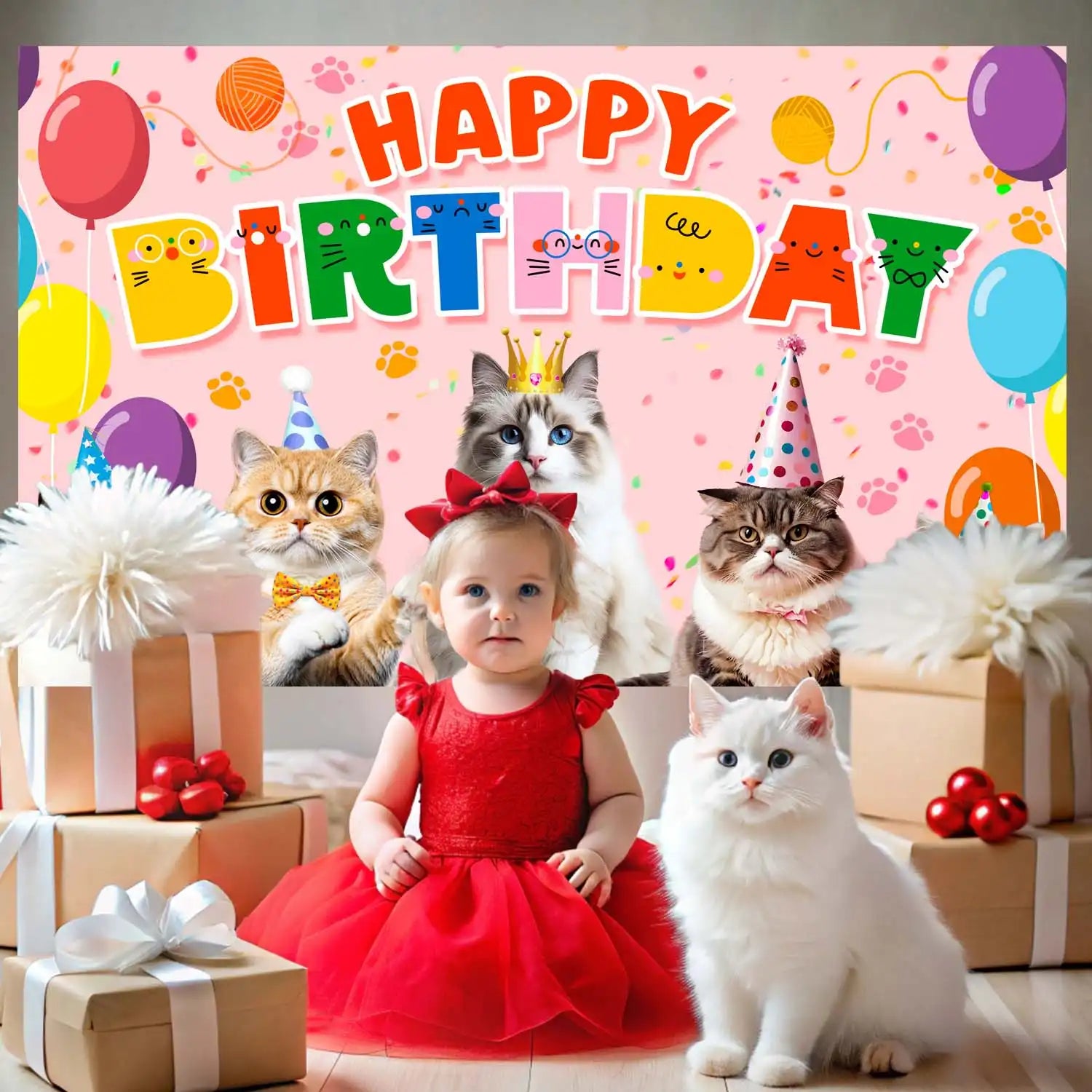 Cat Party Decorations, 71'' x 43'' Cat Birthday Backdrop Cat Happy Birthday Banner Cat Party Backdrop Cat Themed Birthday Party Backdrop, Cat Party Background for Cat Birthday Party Decorations