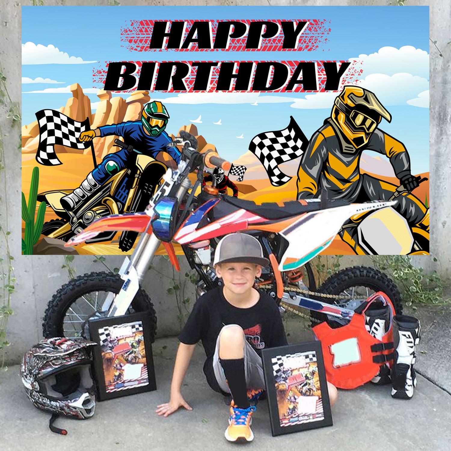 Motorcycle Happy Birthday Backdrop, 71''x43'' Dirt Bike Photography Background/Motocross Birthday Backdrop/Happy Birthday Motorcycle Backdrop for Dirt Bike Birthday Party Decorations