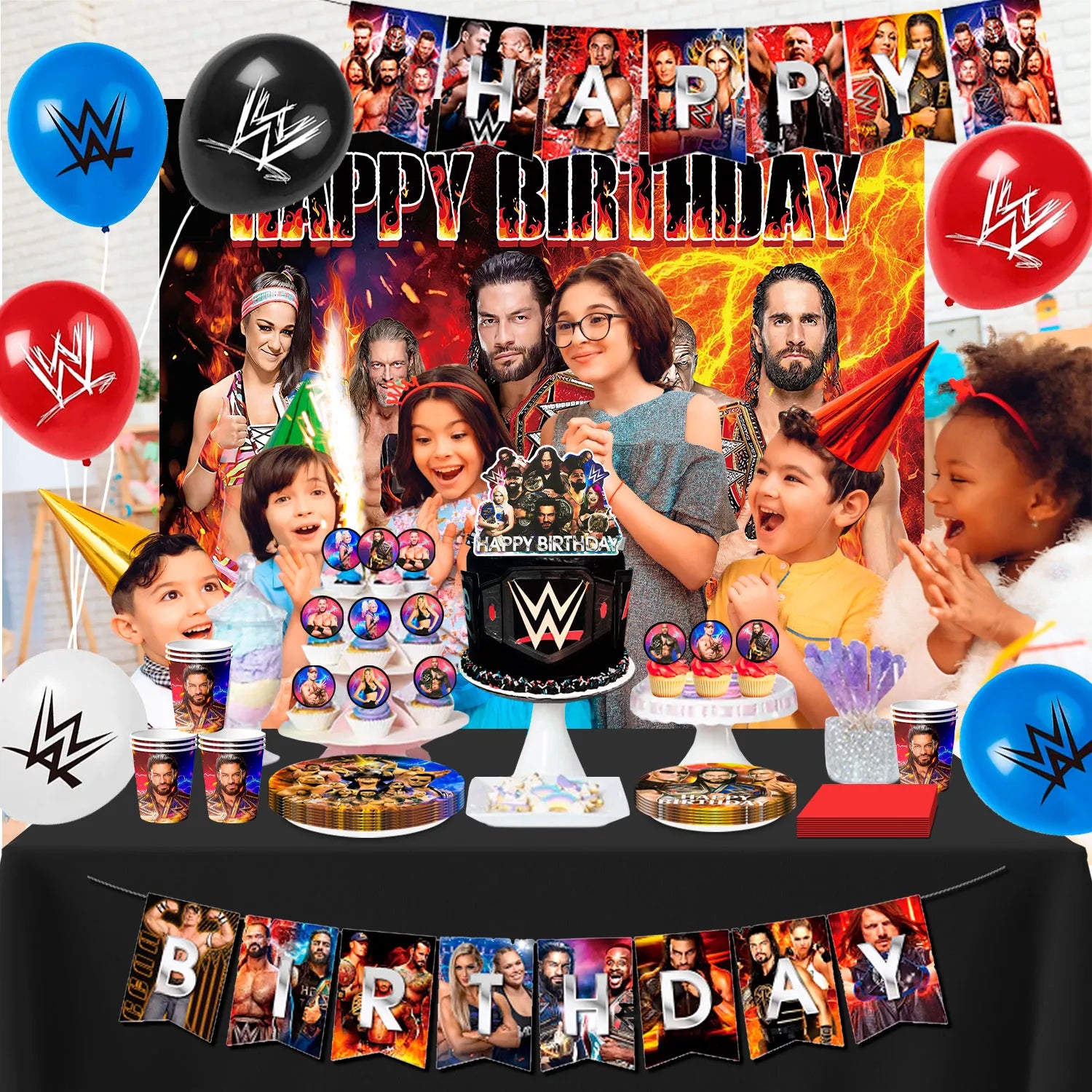 Wrestling Match Birthday Party Supplies, 10-Person Wrestling Match Party Decorations Tableware Set - Wrestling Match Balloons Background Banner Tablecloth and Other Theme Party Decorations