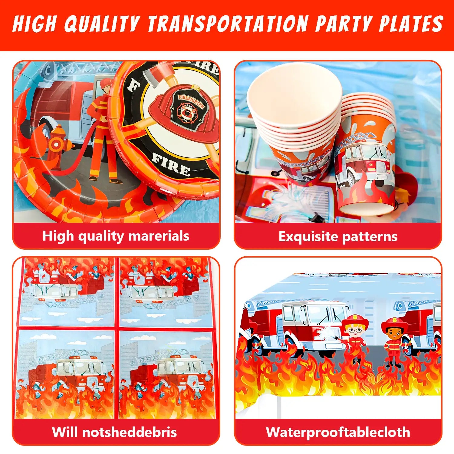 Fire Truck Birthday Party Supplies, 16 Guests Fire Truck Birthday Party Decorations for Boys - Fireman Happy Birthday Banner, Fire Truck Tablecloth Plates Cups Napkins ect Fire Truck Theme Birthday Party