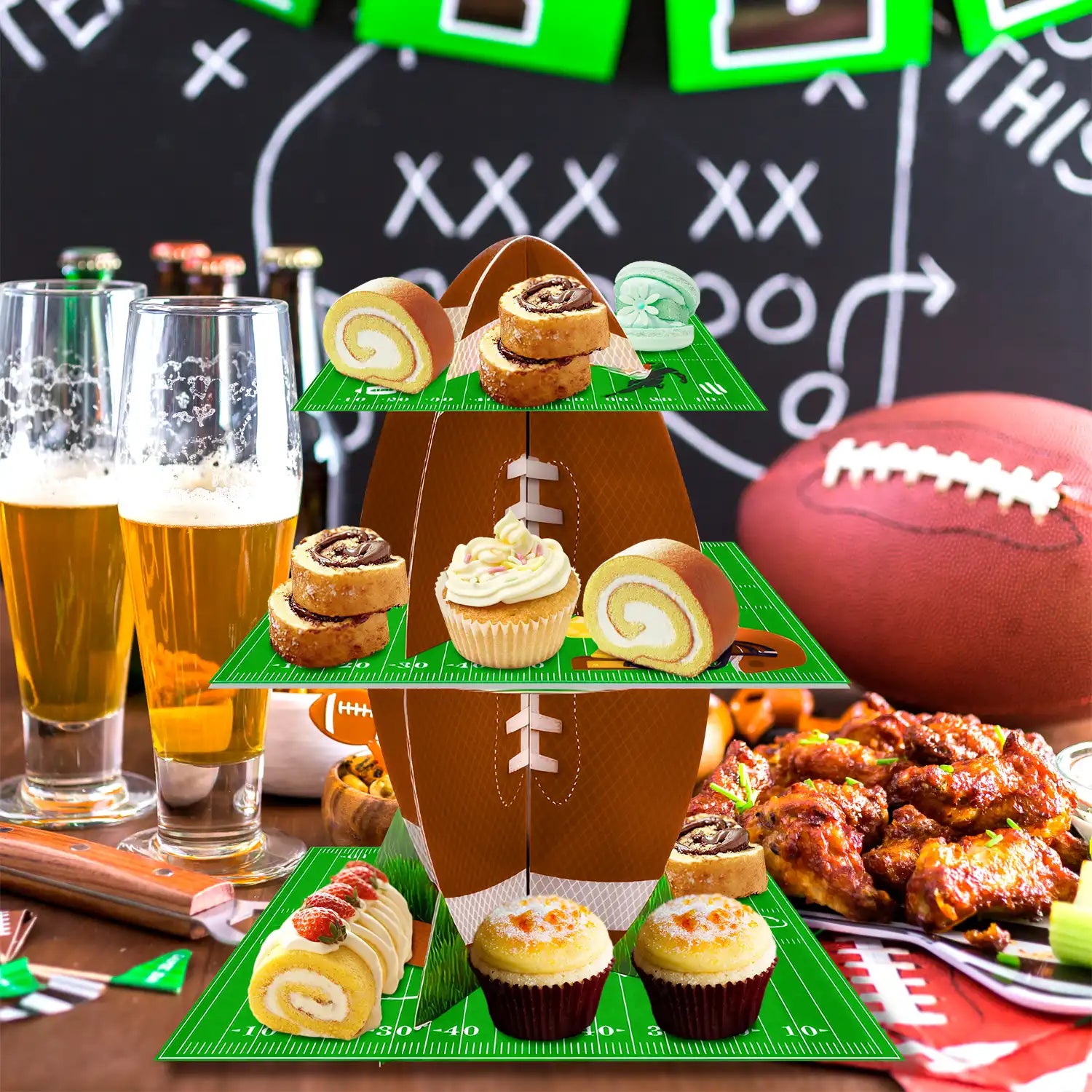 Football Cupcake Stand, 3 Tier Football Party Cake Stand/Football Dessert Stand/Football Cupcake Holder for Football Party Decorations, Super Bowl Decorations or Football Cake Decorations