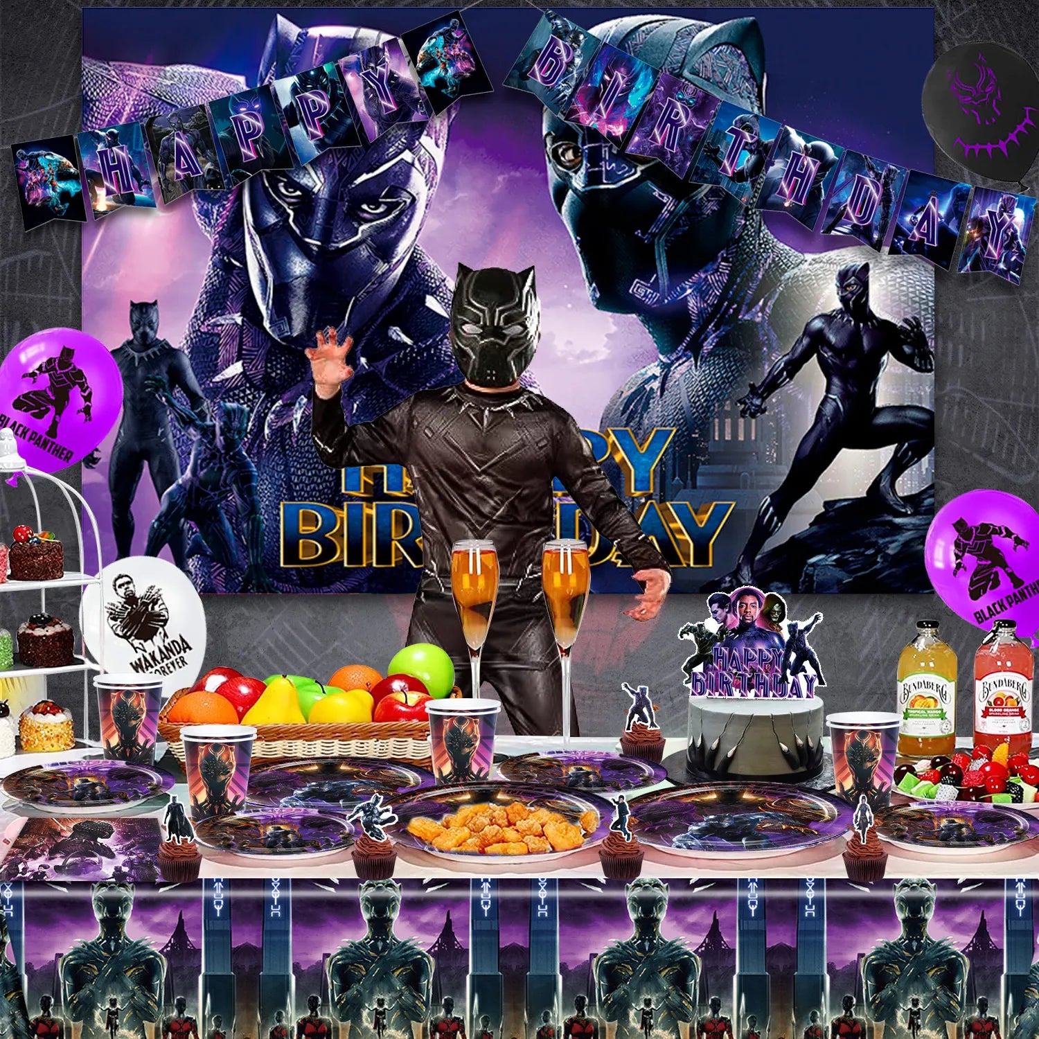 Black Panther Birthday Party Supplies, 10-Person Party Decoration Tableware Set - Black Panther Balloons Background Banner Plates and Other Black Panther Theme Party Decorations