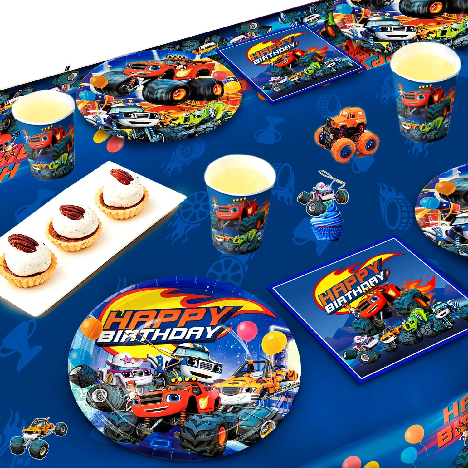 Monster Truck Party Supplies, 16-Person Monster Truck Birthday Decorations&Tableware Set-Monster Truck Birthday Plates Cups Tablecloth& Monster Truck Balloon Backdrop etc Blaze Party Decorations for Kids