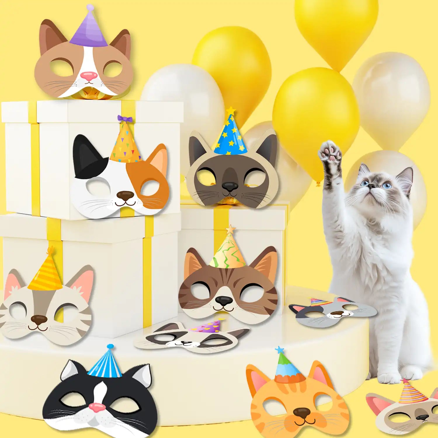 Cat Birthday Masks, 24 Pcs Kitten Birthday Party Masks Set - Cat Party Favor Masks, Cat Party Masks & Cat Masks for Kids Party, for Cat Birthday Decorations & Cat Birthday Photo Booth Props