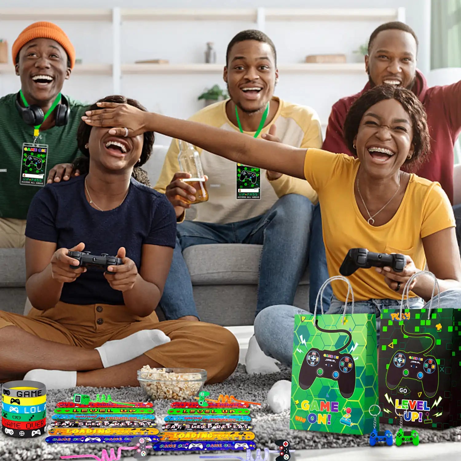 Video Game Party Favors for Kids, 12 Guests Gamer Party Favors Set Including Video Game Wristband Slap Bracelets Keychain Vip Pass Ticket & Gamer Goodie Bags etc Gaming Party Favors for Boys