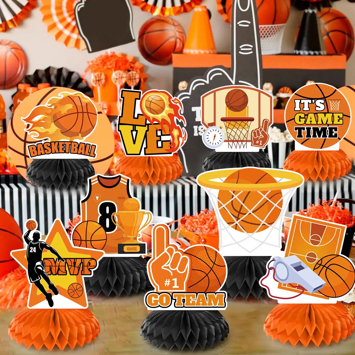 Basketball Honeycomb Centerpiece, 9pcs Basketball Birthday Honeycomb Centerpiece, Basketball Party Honeycomb Centerpieces & Basketball Centerpieces for Table, for Basketball Party Decorations Supplies