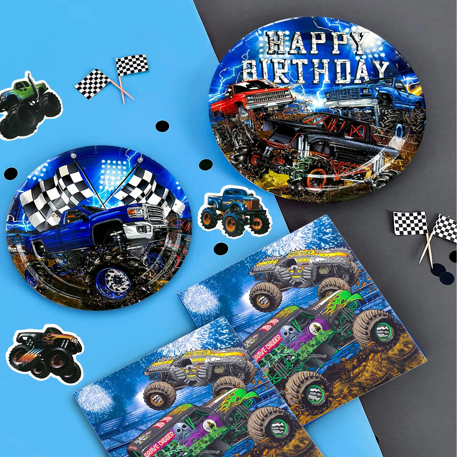 Monster Truck Birthday Party Supplies, 82pcs Monster Truck Birthday Decorations & Tableware Kit - Monster Truck Plates and Napkins Banner Backdrop etc Monster Truck Decorations for Birthday Party