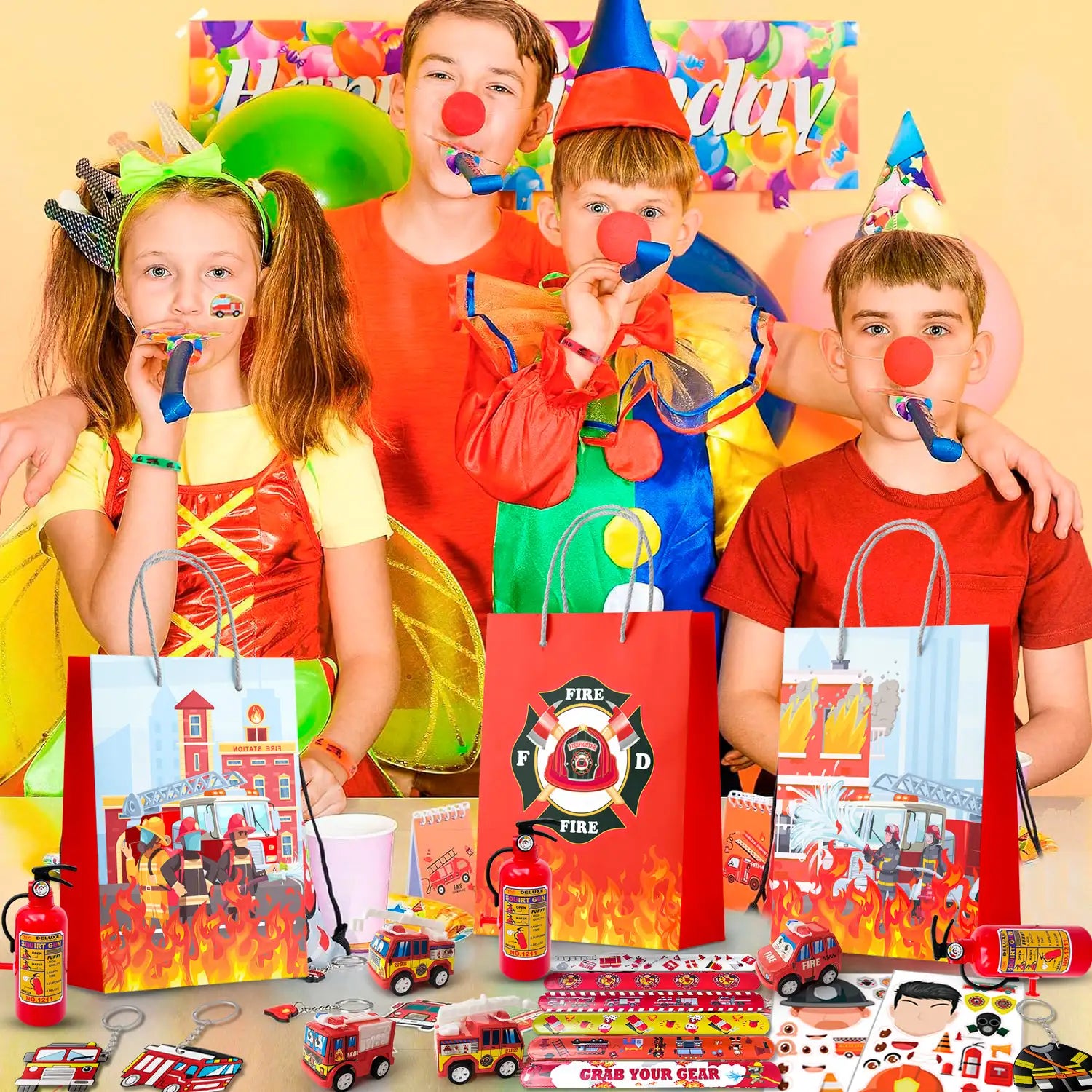 Firefighter Party Favors,12 Guests Fire Truck Party Favors Set- Firefighter Party Stickers Slap Bracelets Keychains etc Firefighter Themed Party Favors for Firefighter Birthday Party Decorations Supplies