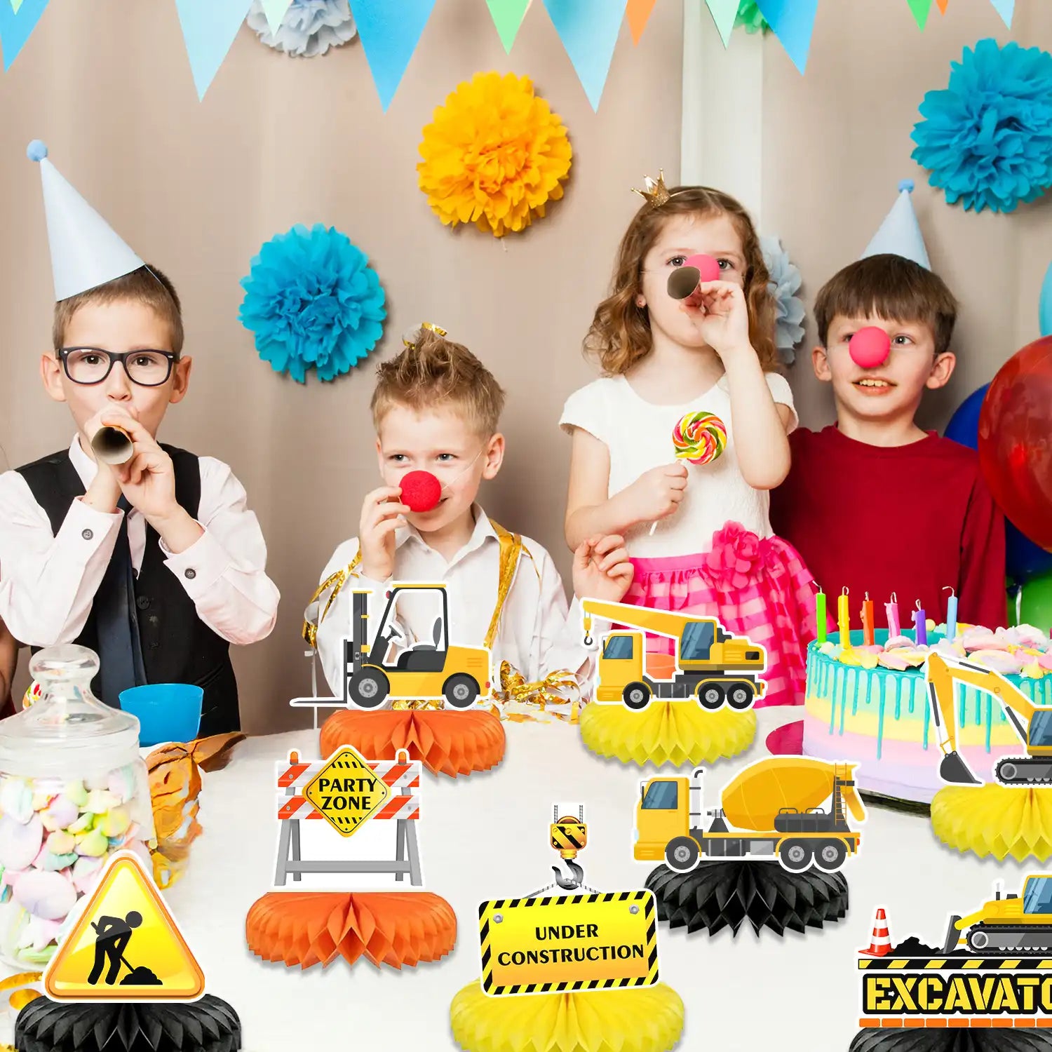 Construction Honeycomb Centerpieces,9pcs Construction Party Centerpieces,Construction Truck Honeycomb Centerpieces & Excavator Honeycomb Decoration,for Construction Birthday Party Supplies Decorations