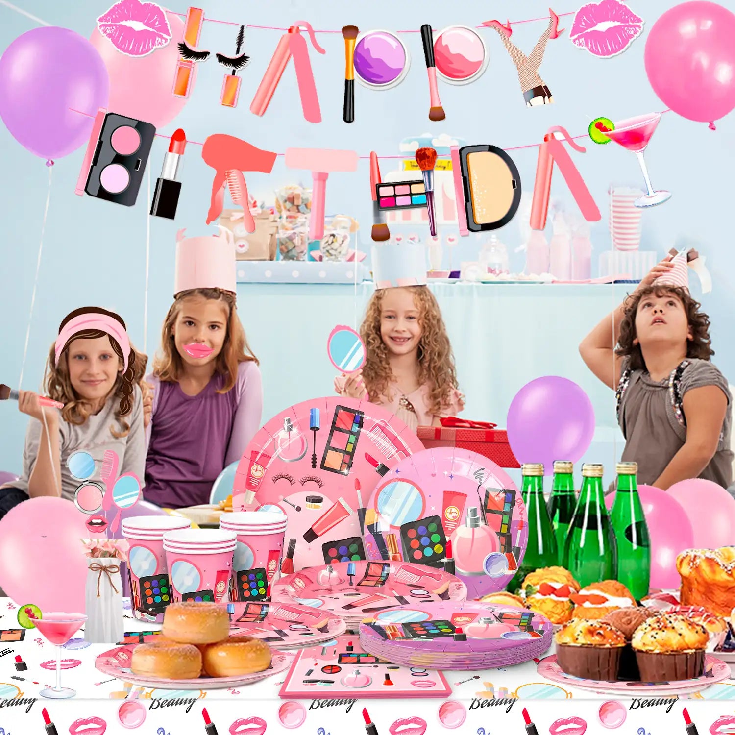 Makeup Birthday Party Supplies, 16 Guests Spa Party Decorations Set-Makeup Theme Party Decoration Plates Cups Napkins Banner Balloon Photo Booth Props etc Makeup Birthday Party Decorations for Girls Women