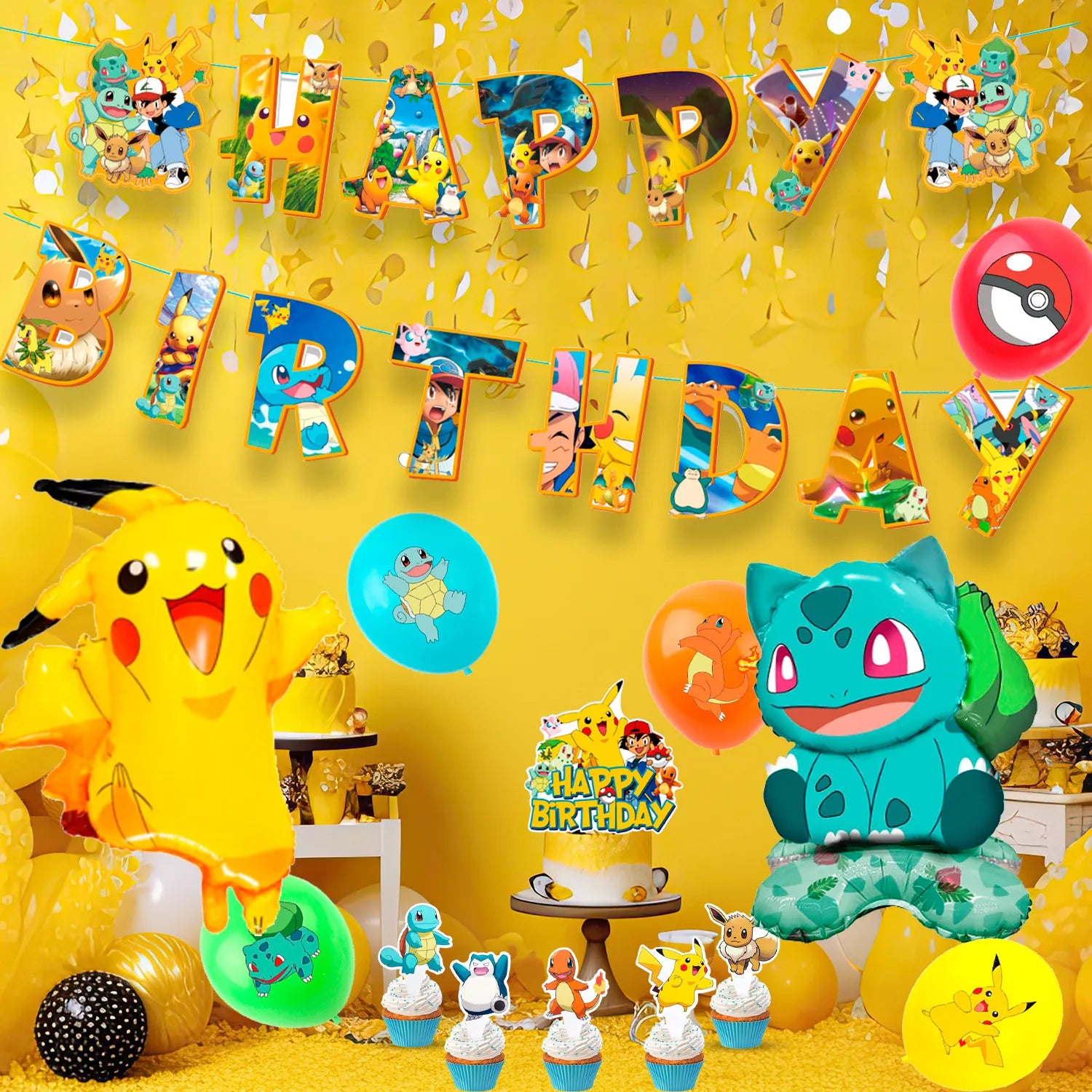 Pokemon Party Supplies Set,38 Pcs Pokemon Themed Birthday Decorations - Pokemon Balloons Banners Cake Topper and Pokemon Birthday Balloons for Kids Pokemon Themed Birthday Party