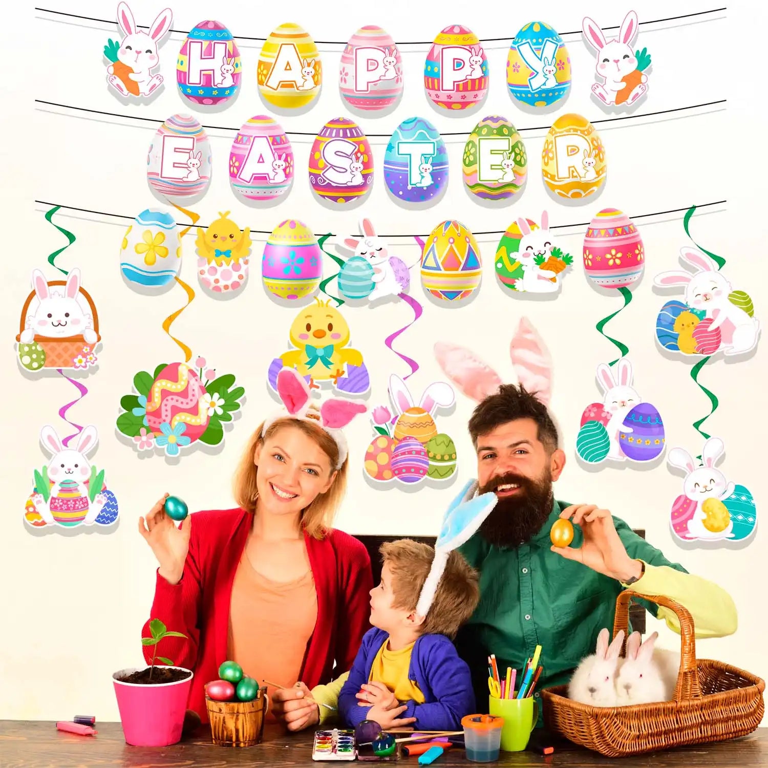 Easter Swirl Banner, 9Pcs Easter Hanging Party Decorations Set - Happy Easter Banner, Easter Hanging Decorations Banner Easter Egg Bunny Hanging Swirl for Home Office School Easter Party Decorations