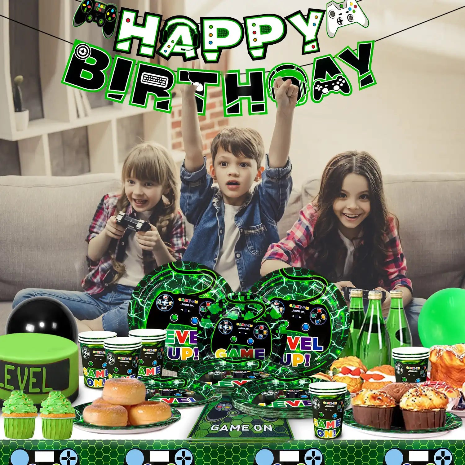 Video Game Party Supplies, 16 Guests Video Game Party Tableware Set - Video Game Plates and Napkins,Cups Table Cloth&Gamer Birthday Decorations Banner etc Gaming Birthday Party Supplies for Boys Kids