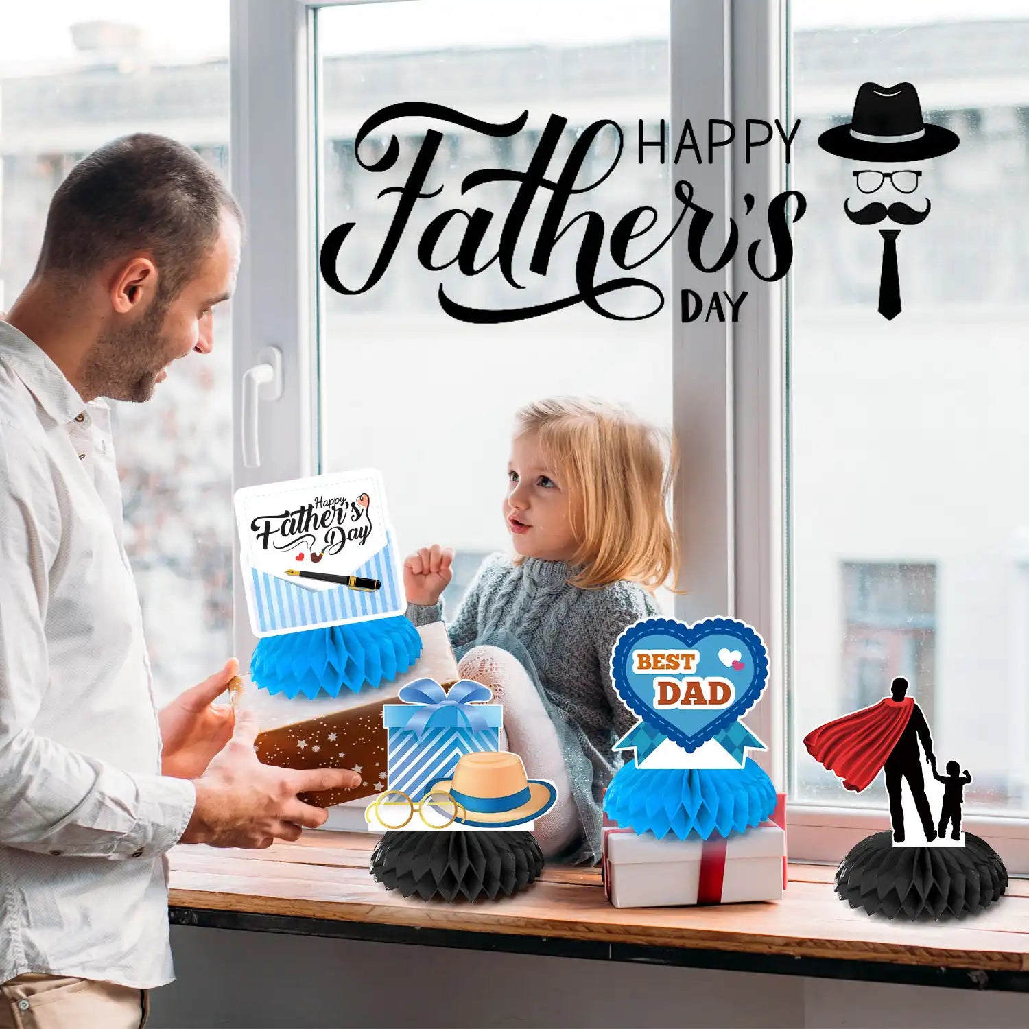 Father's Day Honeycomb Centerpieces - 9pcs Happy Father's Day Table Decoration, Father's Day Centerpiece Decorations & Father's Day Table Centerpieces for Father's Day Decorations Supplies