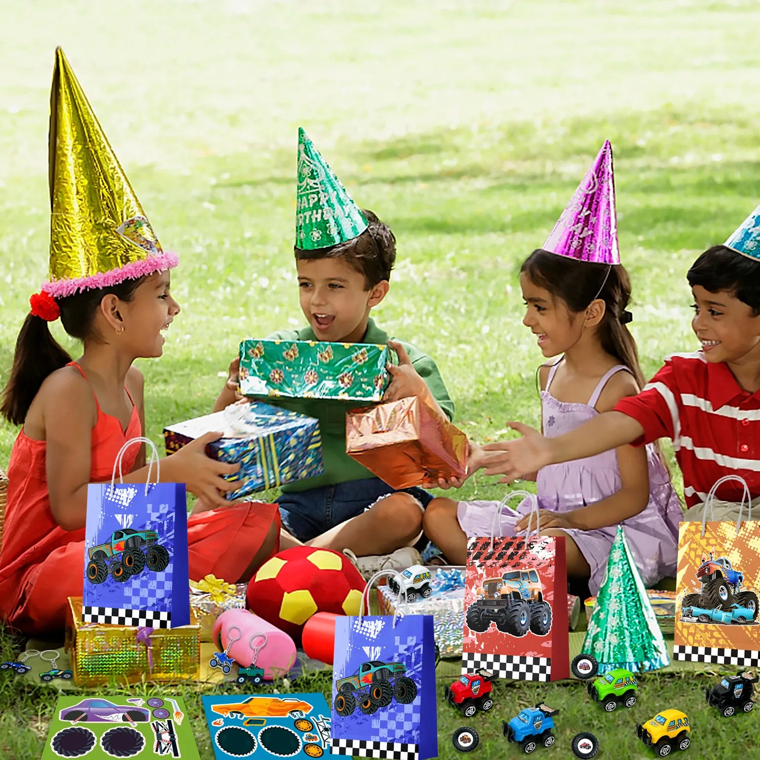 Monster Truck Favors, 110pcs All-In-One Mini Monster Trucks Party Favors Pack Including Monster Truck Theme Keychain Bags Stickers Toys Ring etc Monster Truck Birthday Party Favors for Boys Kids