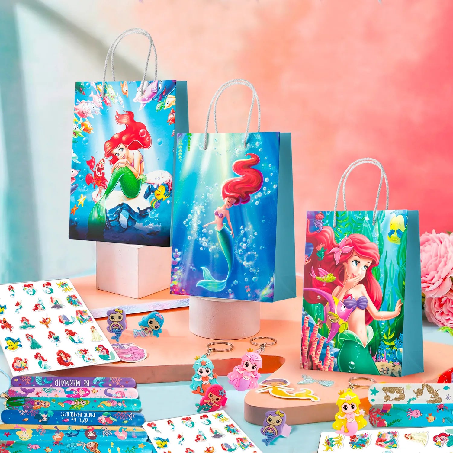 Mermaid Kids Party Favors, 110 Pieces Mermaid Birthday Party Favor Set - Mermaid Gift Bags Keychain Stickers Gift Bags and Other Mermaid Themed Party Supplies for Mermaid Birthday Decorations