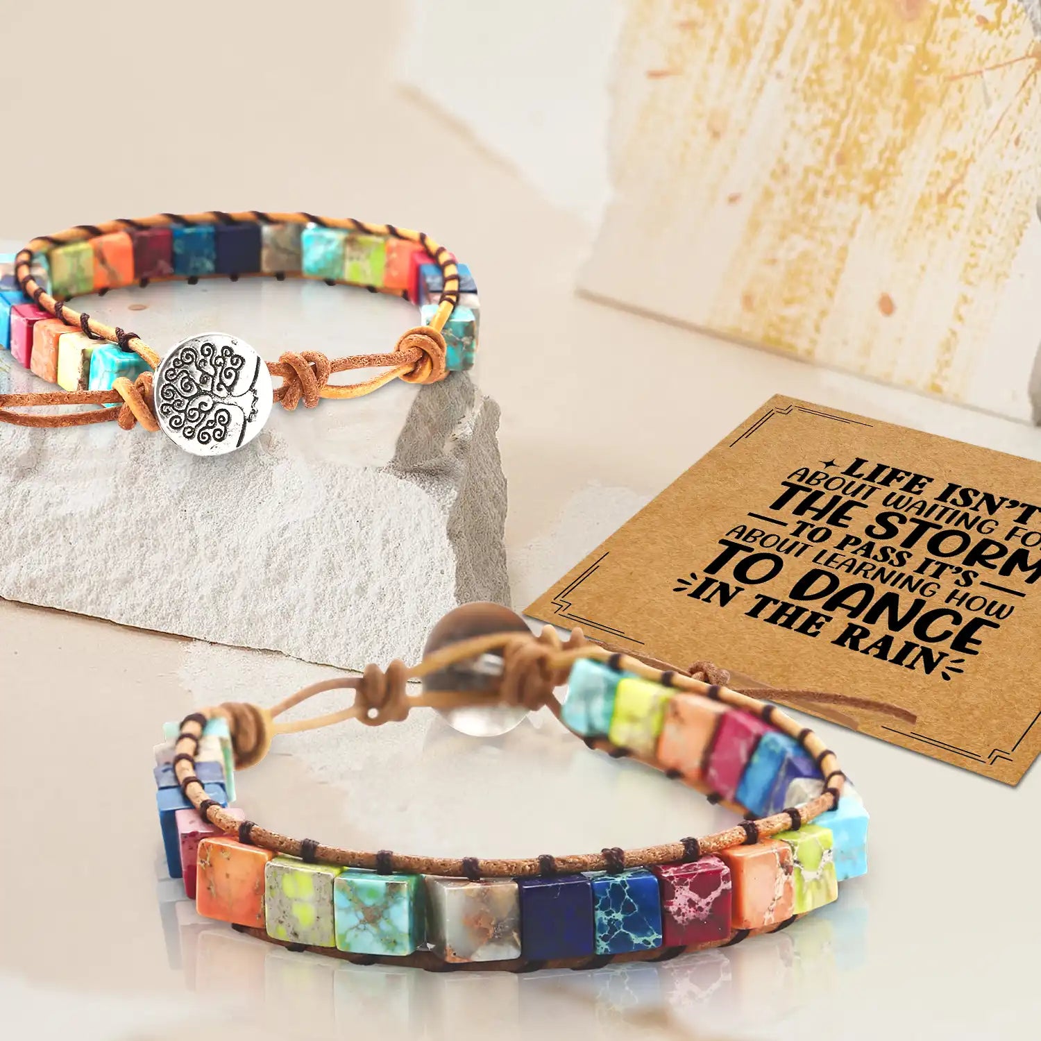 Boho Friendship Bracelet, 3 to 6 Inch Wrap Natural Stone Bracelet  (Square), Inspirational Gifts Bracelets Handmade Colorful Gemstone Jewelry, Adjustable Inspirational Bracelets for Women