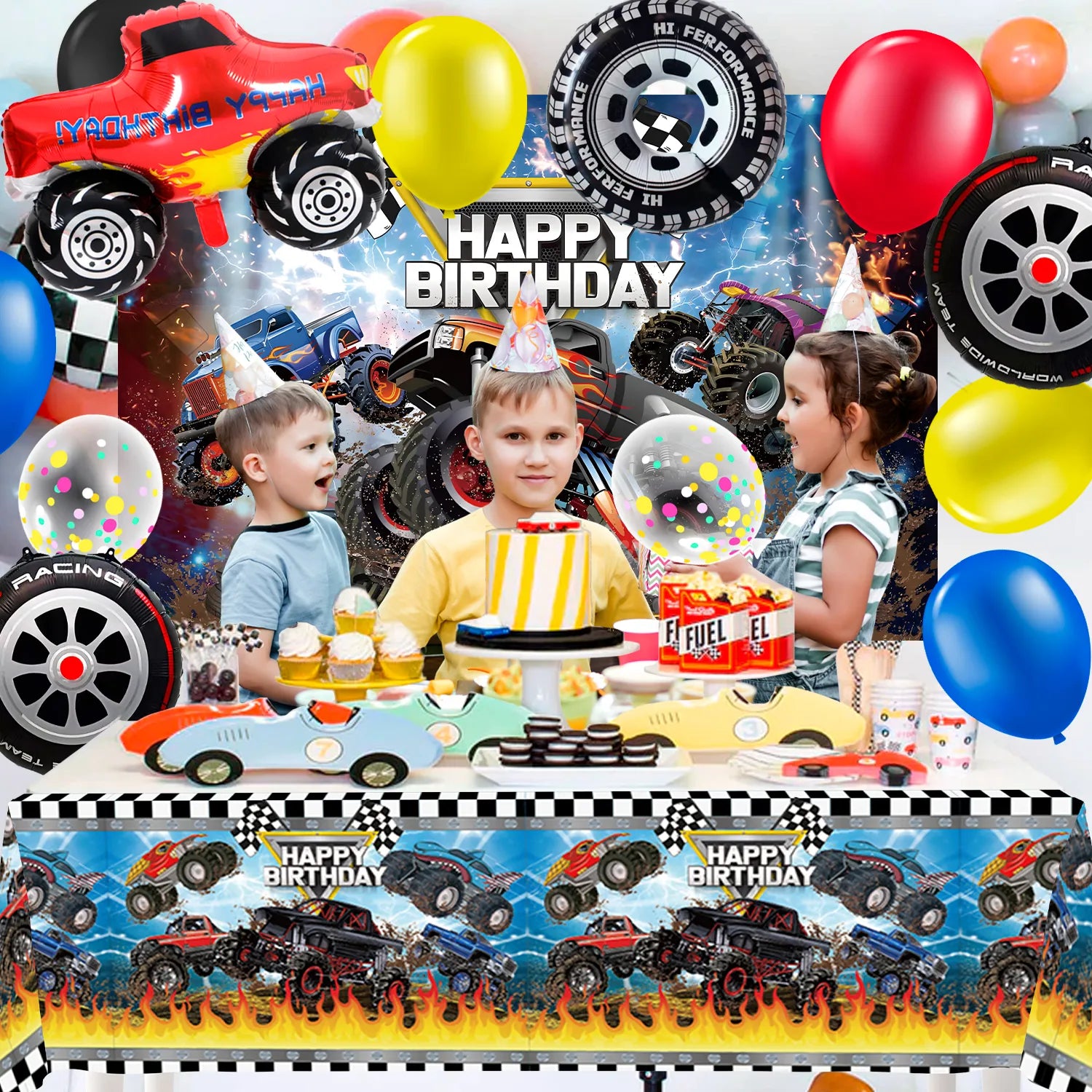 Big Tire Truck Party Supplies, 26 Pcs Truck Birthday Decorations - Monster Truck Party Balloons and Truck Birthday Backdrop Tablecloth for Big Tire Truck Birthday Party Decorations