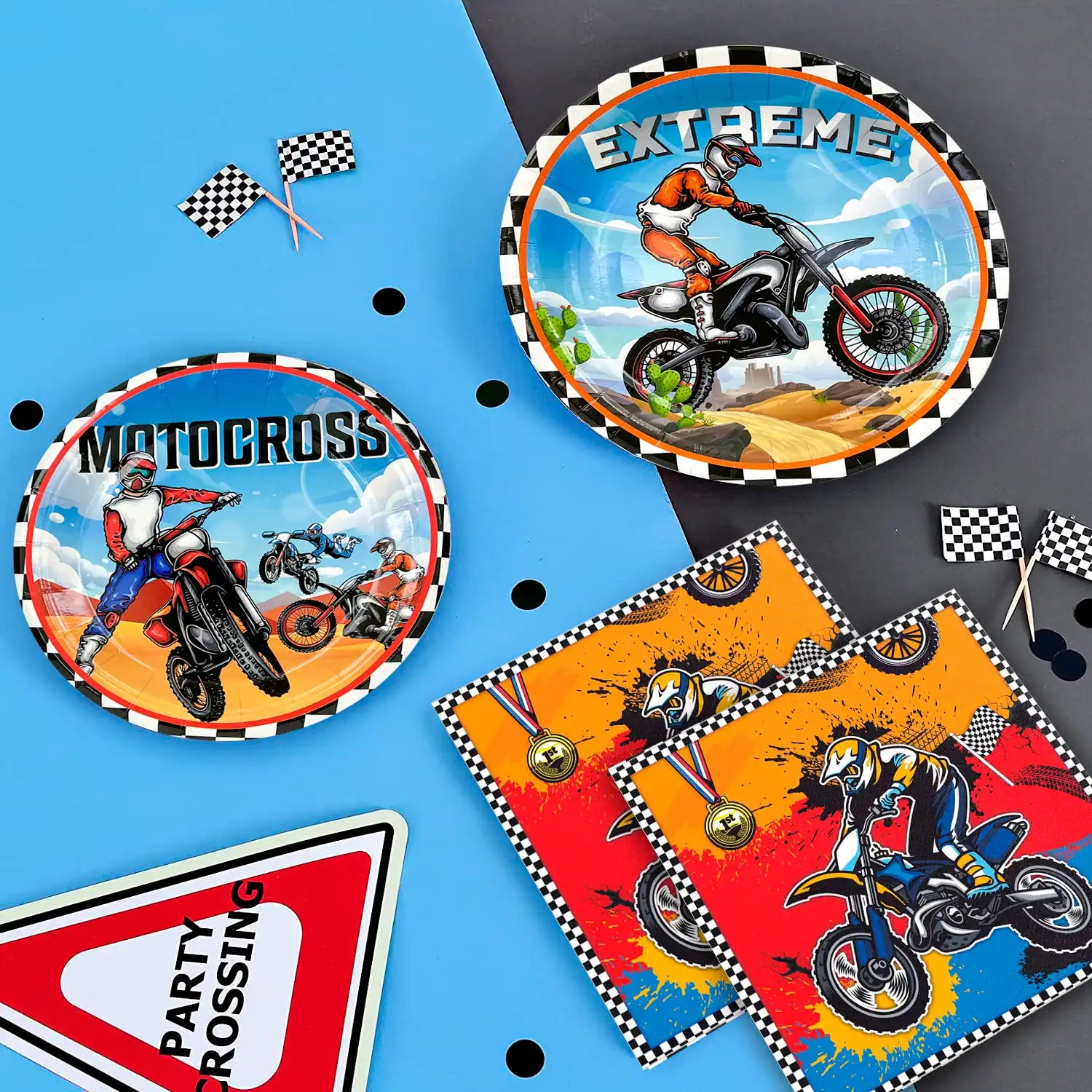 Motorcycle Birthday Supplies, 54pcs Motorcycle Birthday Decorations&Motorcycle Theme Party Tableware Set- Dirt Bike Party Plates and Napkins Cups & Banner Balloon etc Motocross Party Supplies for Boys