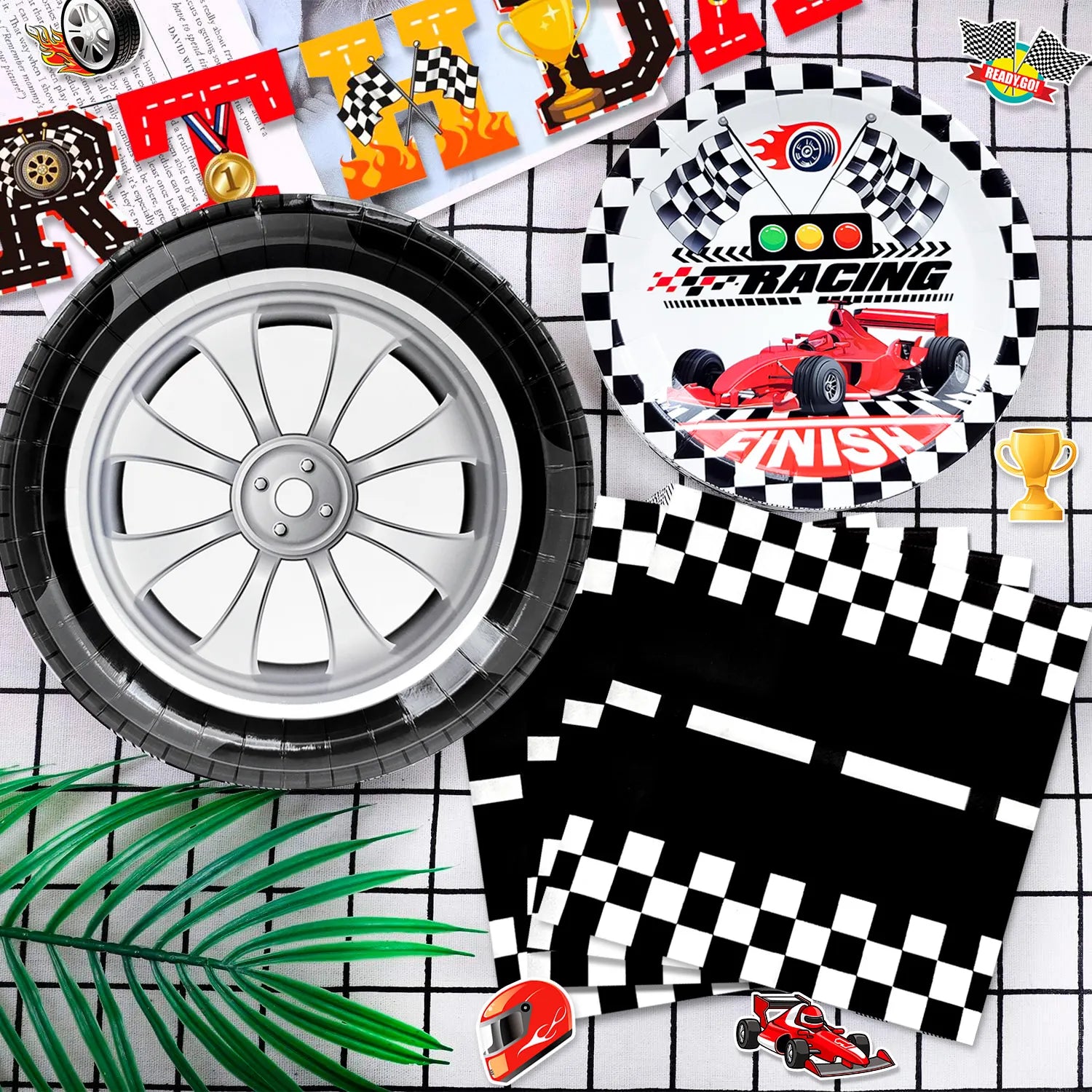 Race Car Birthday Decorations, 87 Pcs Race Car Birthday Party Decorations&Race Car Birthday Party Tableware Set - Race Car Birthday Plates Napkins Balloons Hanging Swirl etc Racing Car Party Supplies
