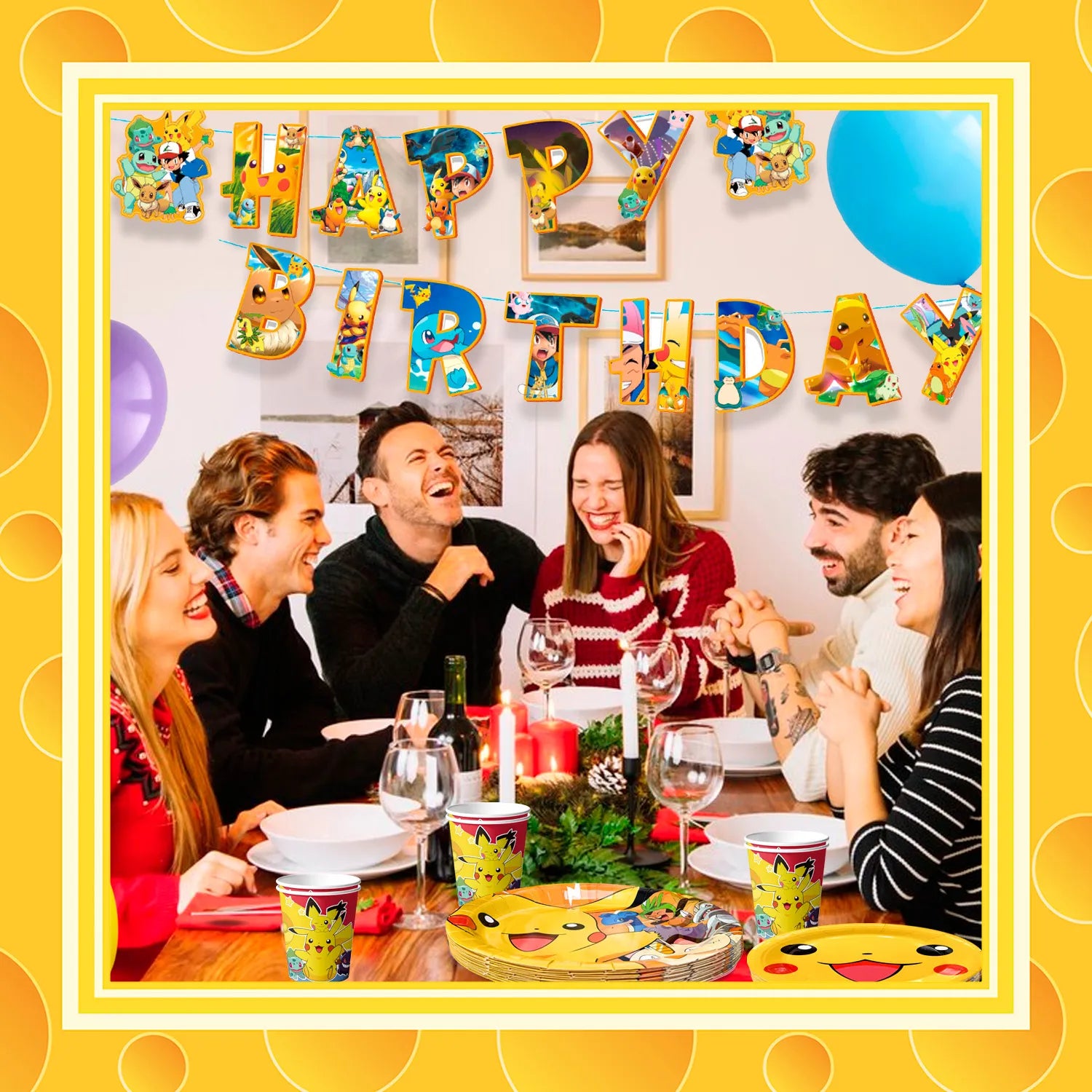 Pokemon Theme Birthday Party Decoration Tableware Set, 66Pcs Pokemon Party Supplies Tableware - Pokemon Table Cloth Banner Plates Napkins Cups for Pokemon Birthday Party Decorations