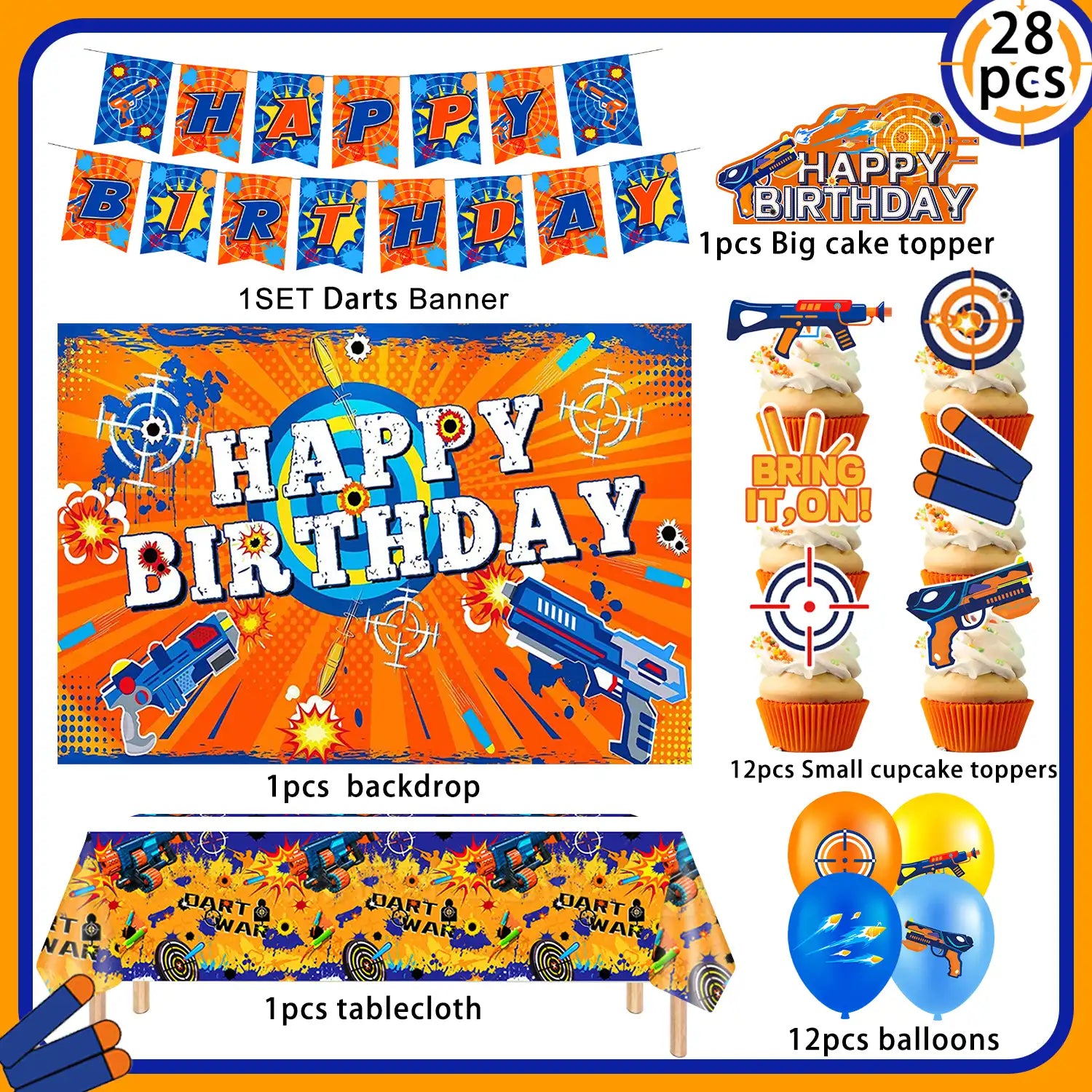 Dart War Party Decorations Supplies, 28pcs Dart Battle Birthday Party Decorations Set Including Dart War Balloons Cupcake Topper Banner etc Dart War Birthday Decorations/Dart Gun Party Decorations