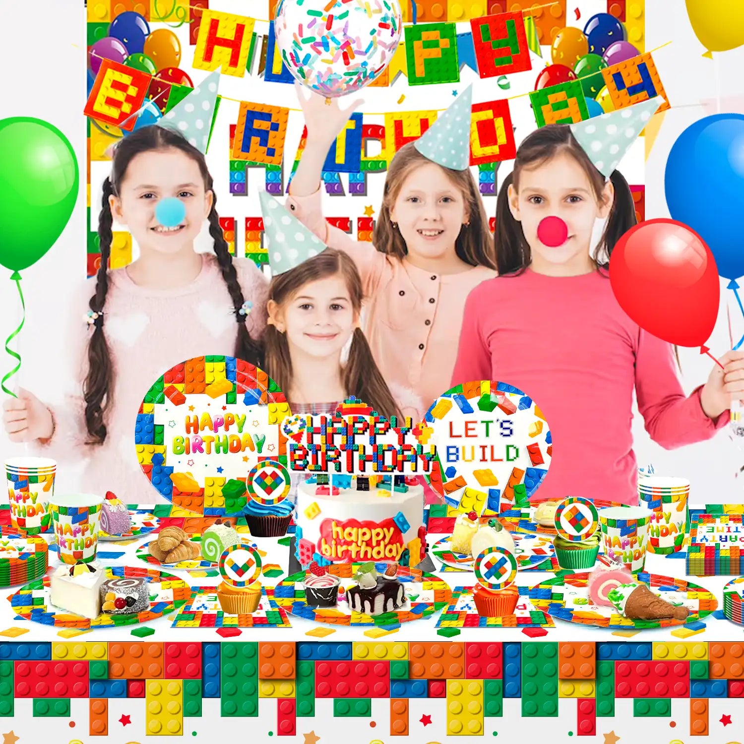 Building Block Birthday Party Supplies, 10 Guests Building Blocks Party Decorations & Tableware Set - Building Block Party Plates Tablecloth Banner Backdrop etc Building Blocks Themed Party Supplies