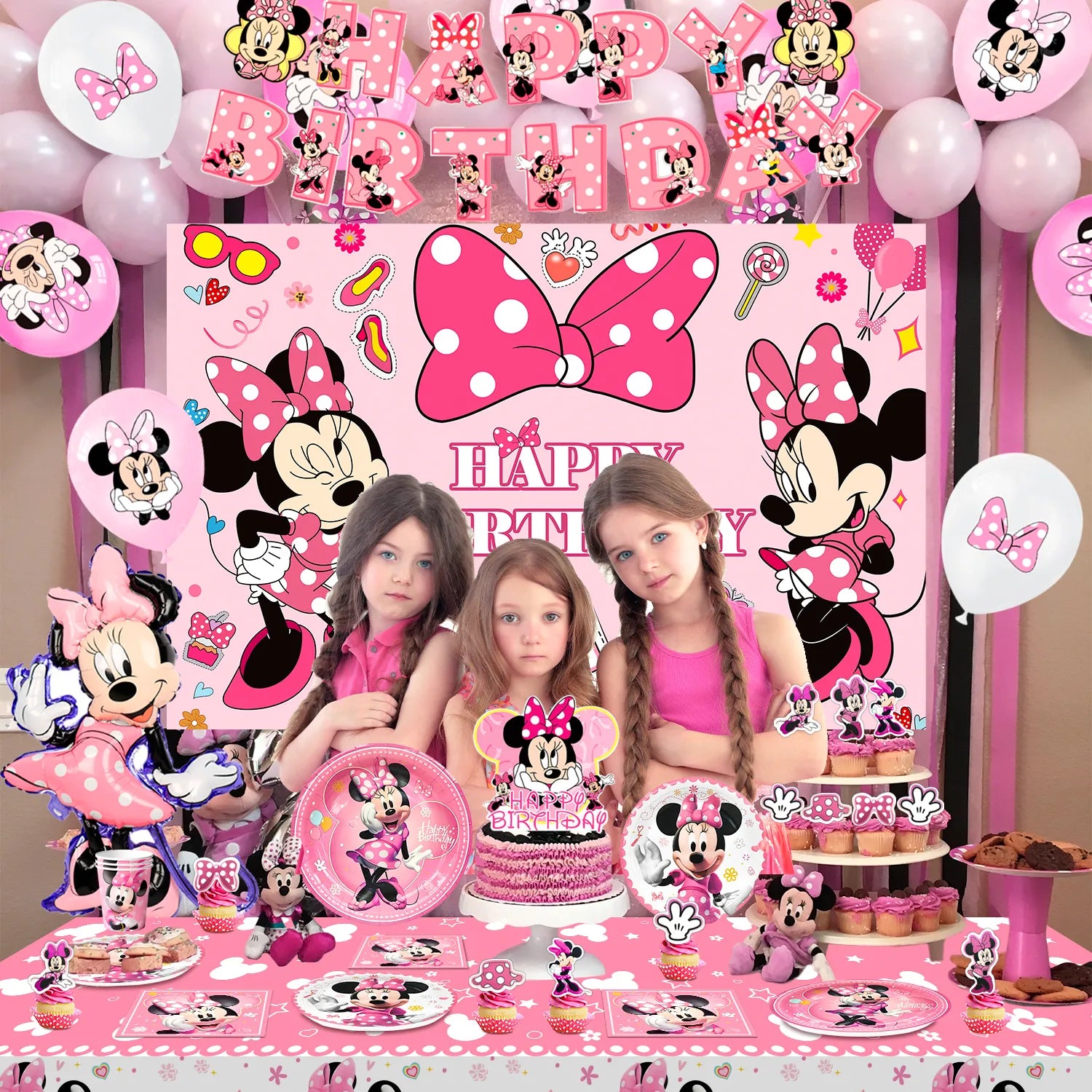 Minnie Mouse Birthday Party Supplies, 10-Person Minnie Mouse Birthday Decorations & Minnie Mouse Party Tableware Set - Minnie Mouse Birthday Plates Tablecloth Banner etc Minnie Mouse Party Decorations