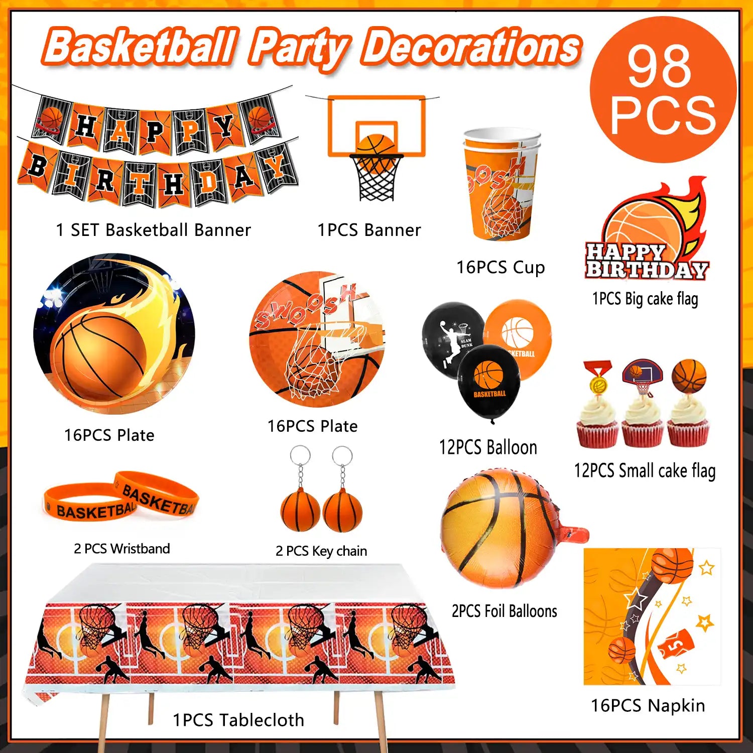 Basketball Birthday Decorations, 98pcs Basketball Party Decorations&Tableware Set-Basketball Plates Napkins Table Cloth Balloon Wristband Keychain etc Basketball Birthday Party Supplies for Boys Kids