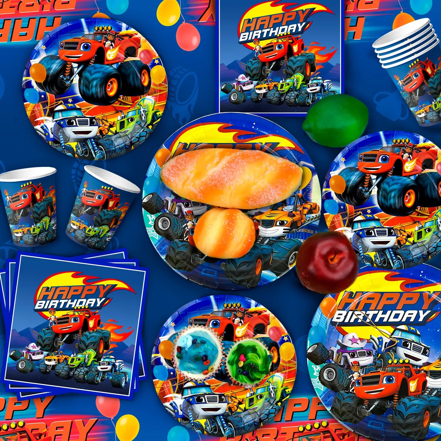 Monster Truck Birthday Party Supplies,65pcs Monster Truck Tableware Set - Monster Trucks Birthday Plates Napkins Paper Cups & Monster Truck Tablecloth etc Monster Truck Party Supplies for Boys Kids