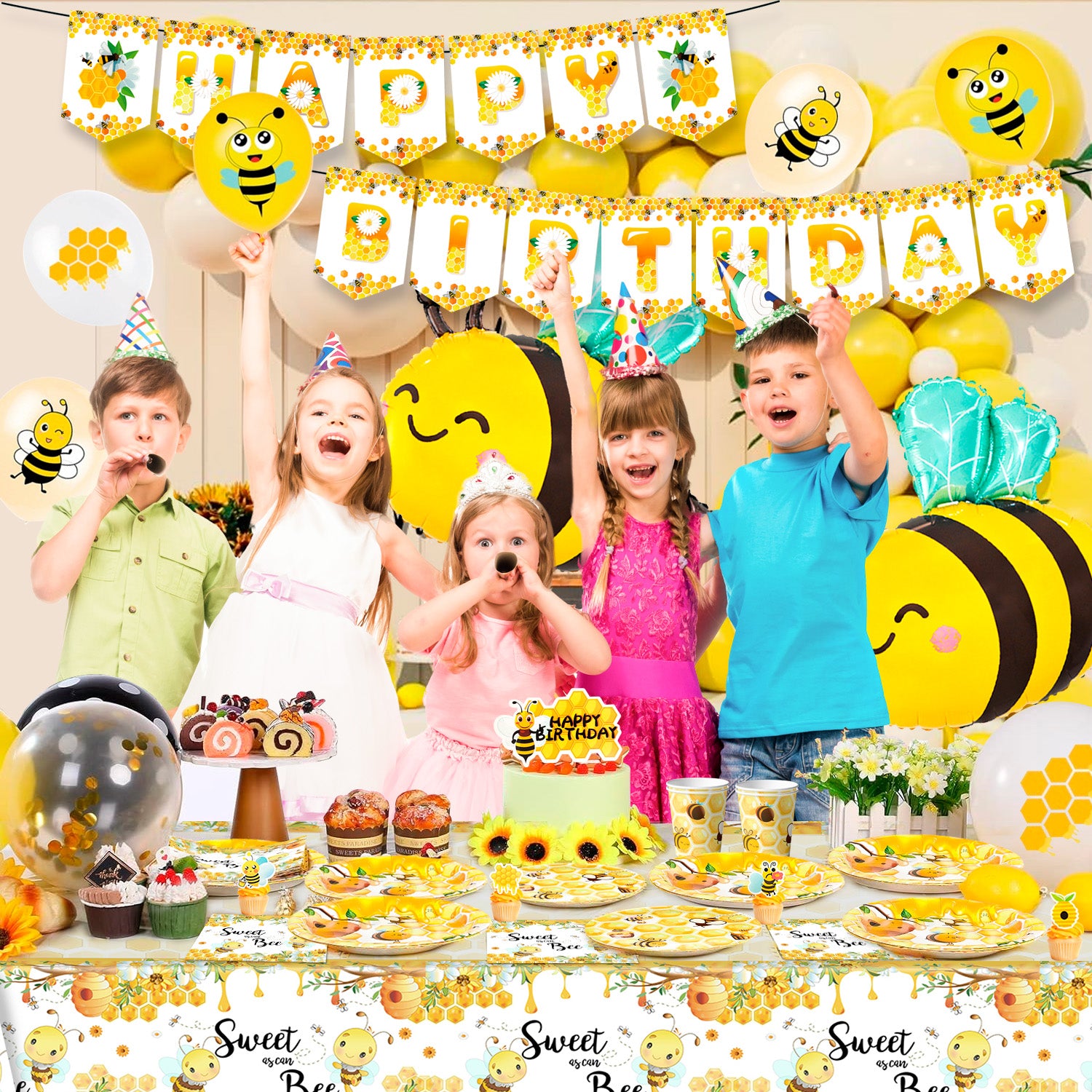 Bee Birthday Decorations,69 Pcs Bee Party Decorations and Tableware Set- Bee Party Plates Cups Napkins Tablecloth & Happy Birthday Bee Banner Balloons Cake Toppers etc Bee Birthday Party Decorations