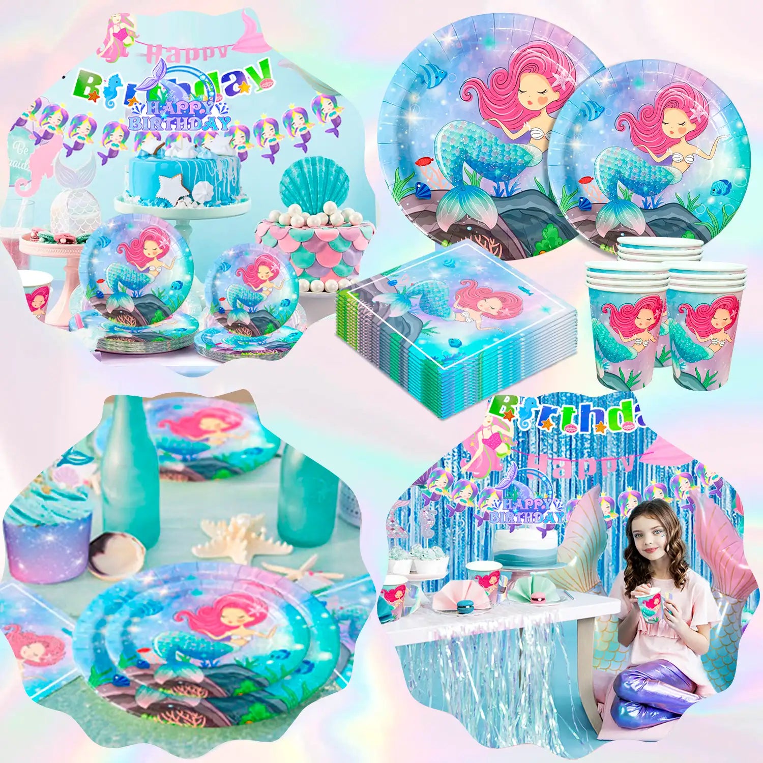 Mermaid Birthday Party Supplies, 128pcs Mermaid Birthday Decorations & Tableware Set - Mermaid Balloons Banners Plates Cups Napkins Tablecloth etc Mermaid Party Decorations for Girls Kids (Serves 16)