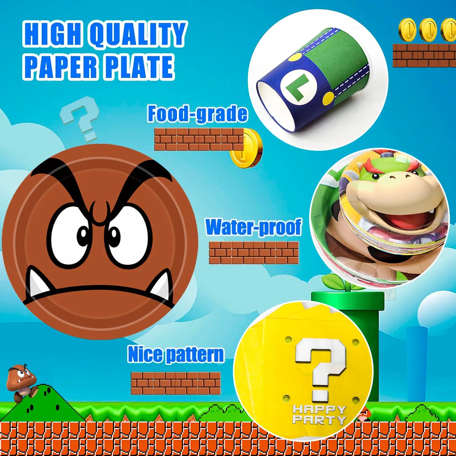 Mario Birthday Decorations Tableware,120pcs Mario Plates and Napkins Set- 30pcs 9''Mario Party Plates,30pcs 7''Super Mario Cake Plates and 30pcs Mario Napkins Cups for Mario Party Decorations Supplies