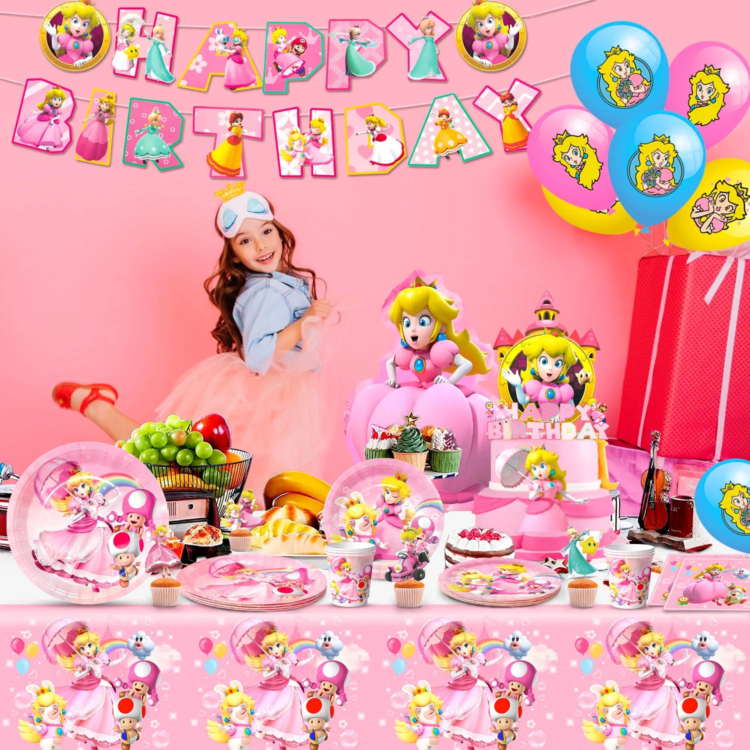 Princess Peach Birthday Party Supplies, 10-Person Princess Peach Party Decorations & Tableware Set - Princess Peach Party Plates and Napkins Cups Balloon Cake Topper etc Princess Peach Themed Supplies