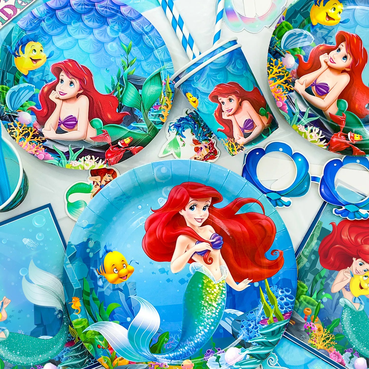 Little Mermaid Birthday Party Supplies,155pcs Little Mermaid Party Decorations and Tableware Set- Little Mermaid Party Plates and Napkins Stickers Backdrop etc Little Mermaid Birthday Party Theme Supplies