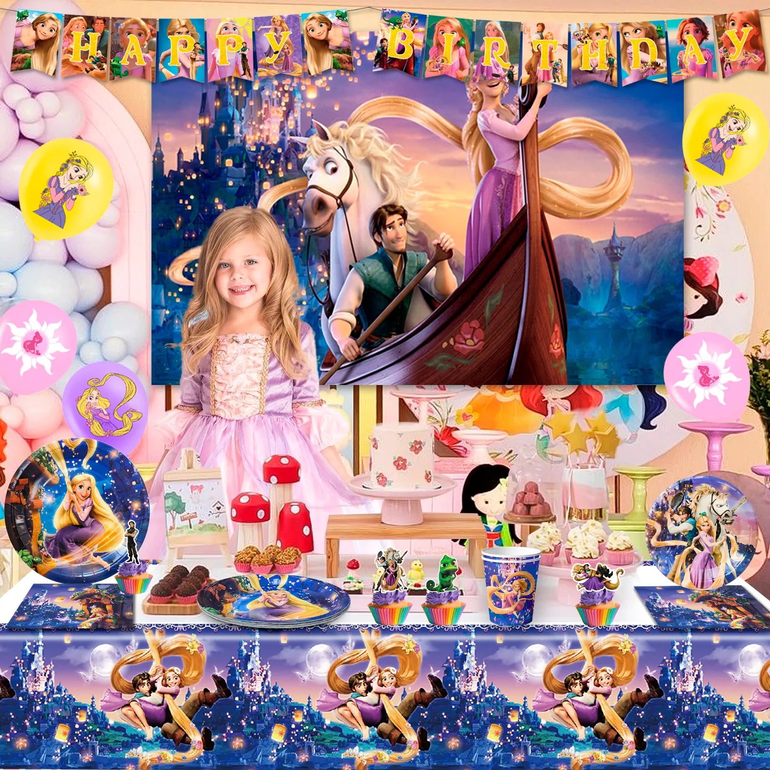 Rapunzel Birthday Decorations,82pcs Rapunzel Party Decorations & Rapunzel Tableware set- Rapunzel Birthday Plates Napkins & Rapunzel Balloons Banner Cake Topper etc Rapunzel Birthday Party Supplies