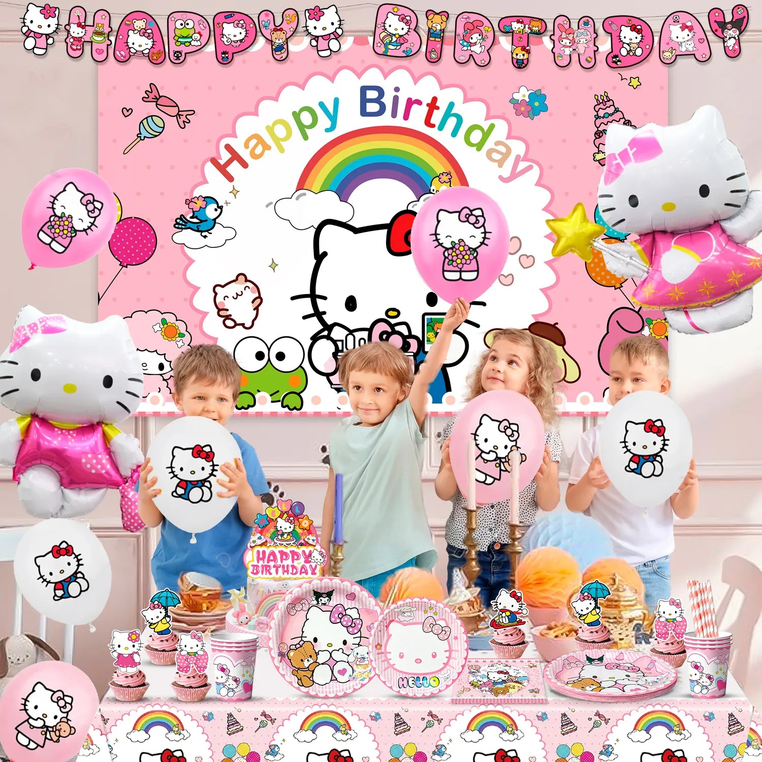 Hello Kitty Birthday Decorations,84pcs Hello Kitty Party Decorations & Hello Kitty Party Tableware Set - Hello Kitty Party Plates Cups Napkins Backdrop Balloon Banner etc Hello Kitty Party Supplies