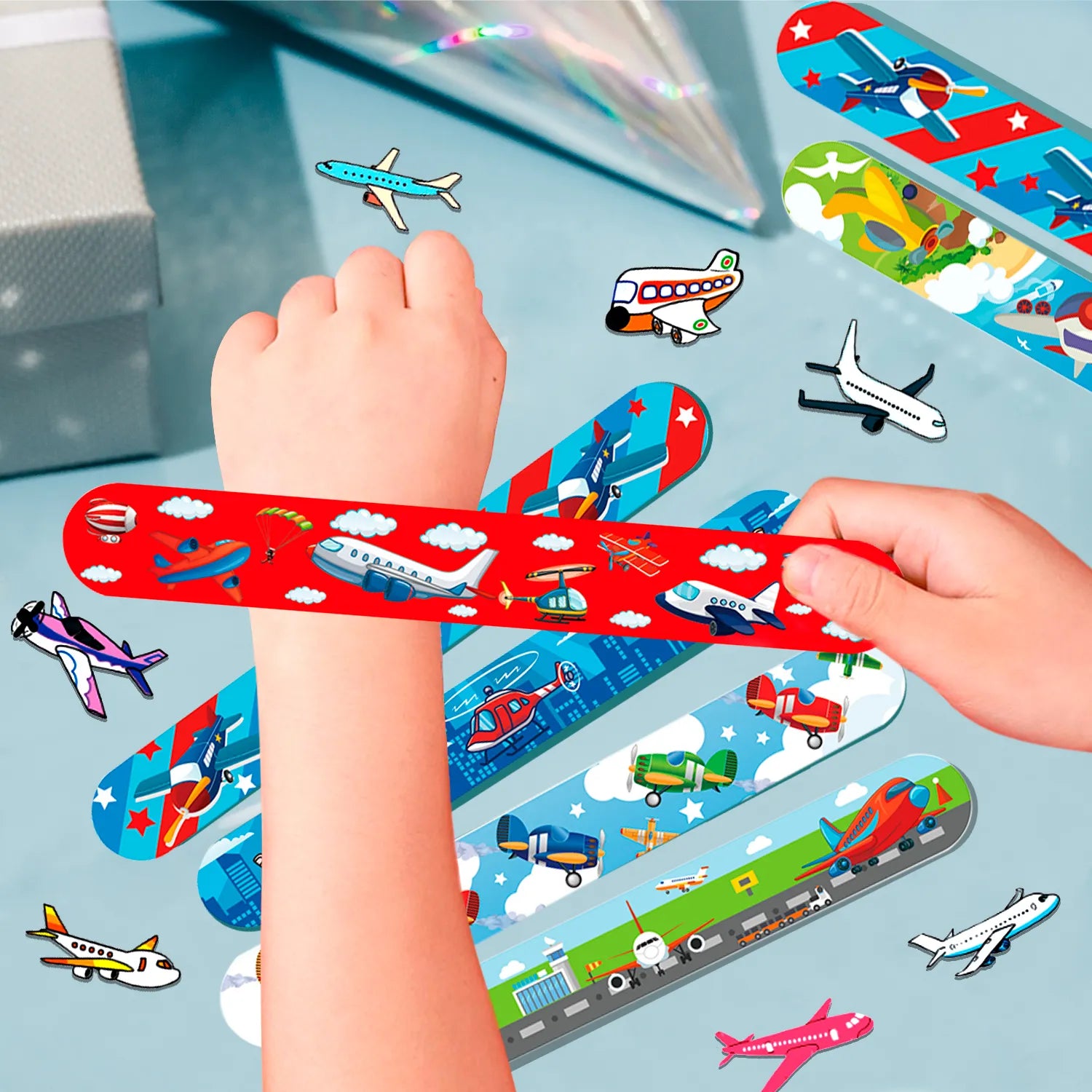 Airplane Party Favors Set - 40pcs Airplane Slap Bracelets + 50pcs Airplane Birthday Stickers for Airplane Party Decorations, Airplane Birthday Party Favors for Kids