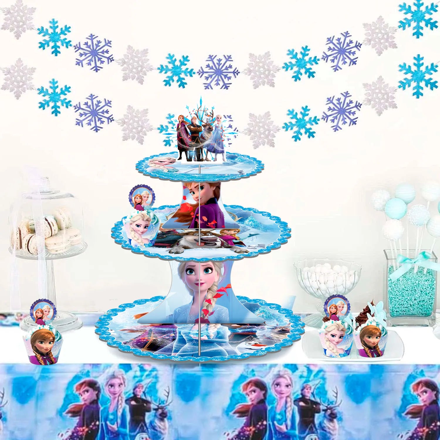 Frozen Cupcake Stand, 3-Tier Frozen Birthday Cupcake Stand with 12pcs Frozen Cupke Toppers & 12pcs Elsa Cake Cups Perfect for Elsa Themcaed Party or Frozen Birthday Party Supplies