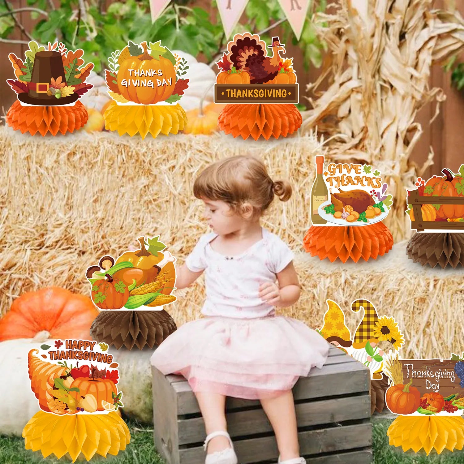 Thanksgiving Honeycomb Centerpieces, 9 Pcs Thanksgiving Party Honeycomb Centerpieces, Friendsgiving Honeycomb Centerpieces and Autumn Honeycomb Centerpieces, for Thanksgiving Party Decorations Supplies