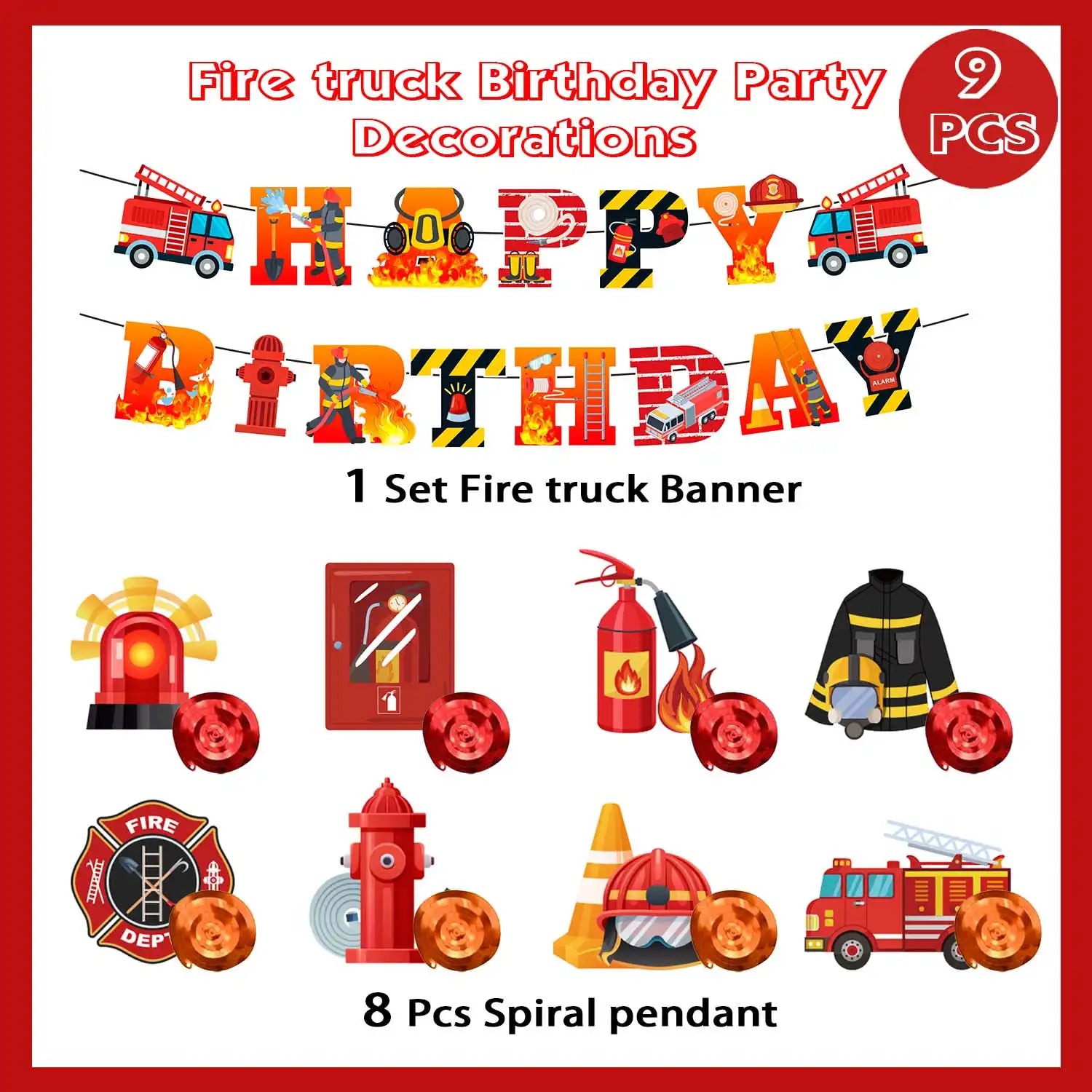Fire Truck Birthday Decorations Set - Firetruck Birthday Decorations Banner & Fire Truck Party Hanging Swirls, Fire Resuce Theme Hanging Swirls for Firefighter Birthday Party Decorations Supplies