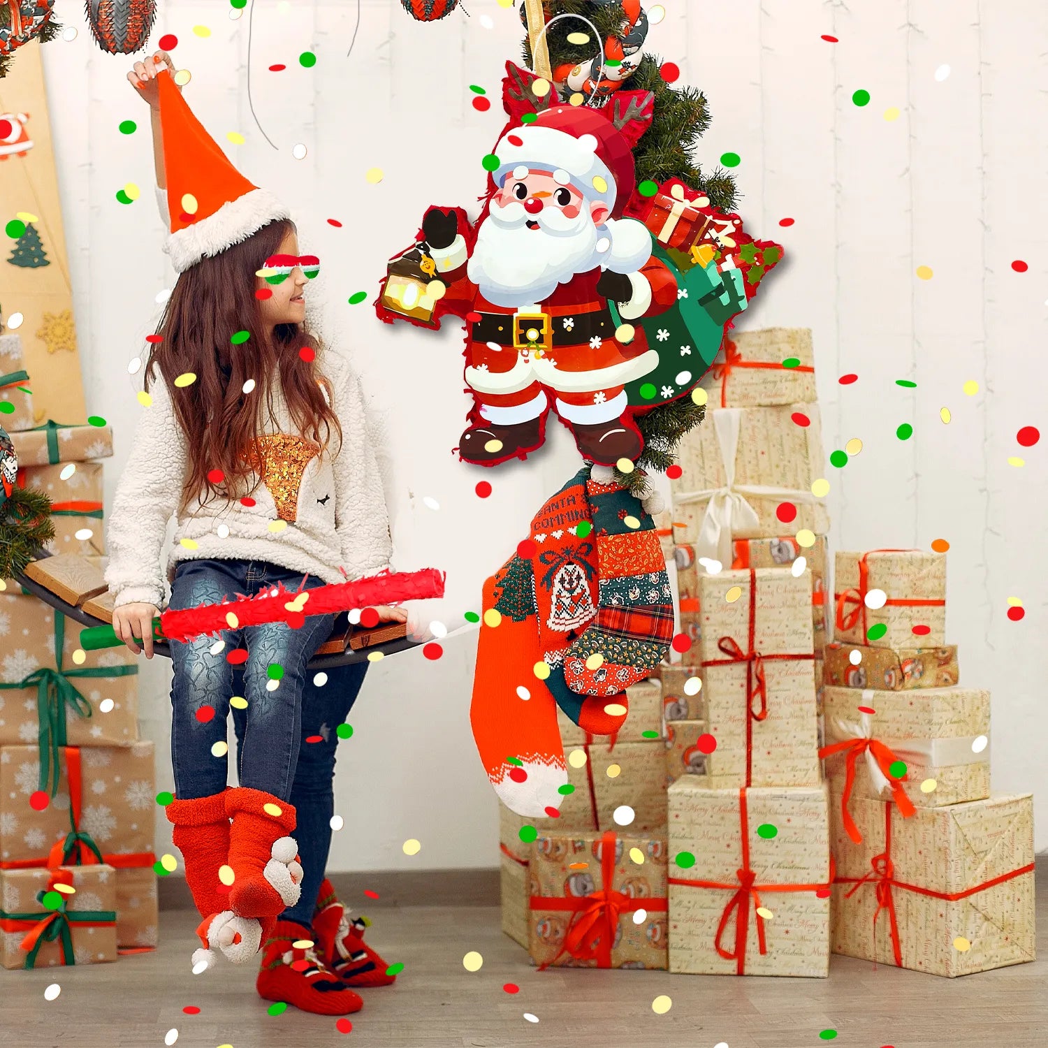 Christmas Santa Claus Piñata, 13.3'' Christmas Piñata Bundle - Santa Claus Piñata, Christmas Party Games Stick Blindfold etc Christmas Decorations for Christmas Party Decorations Piñata