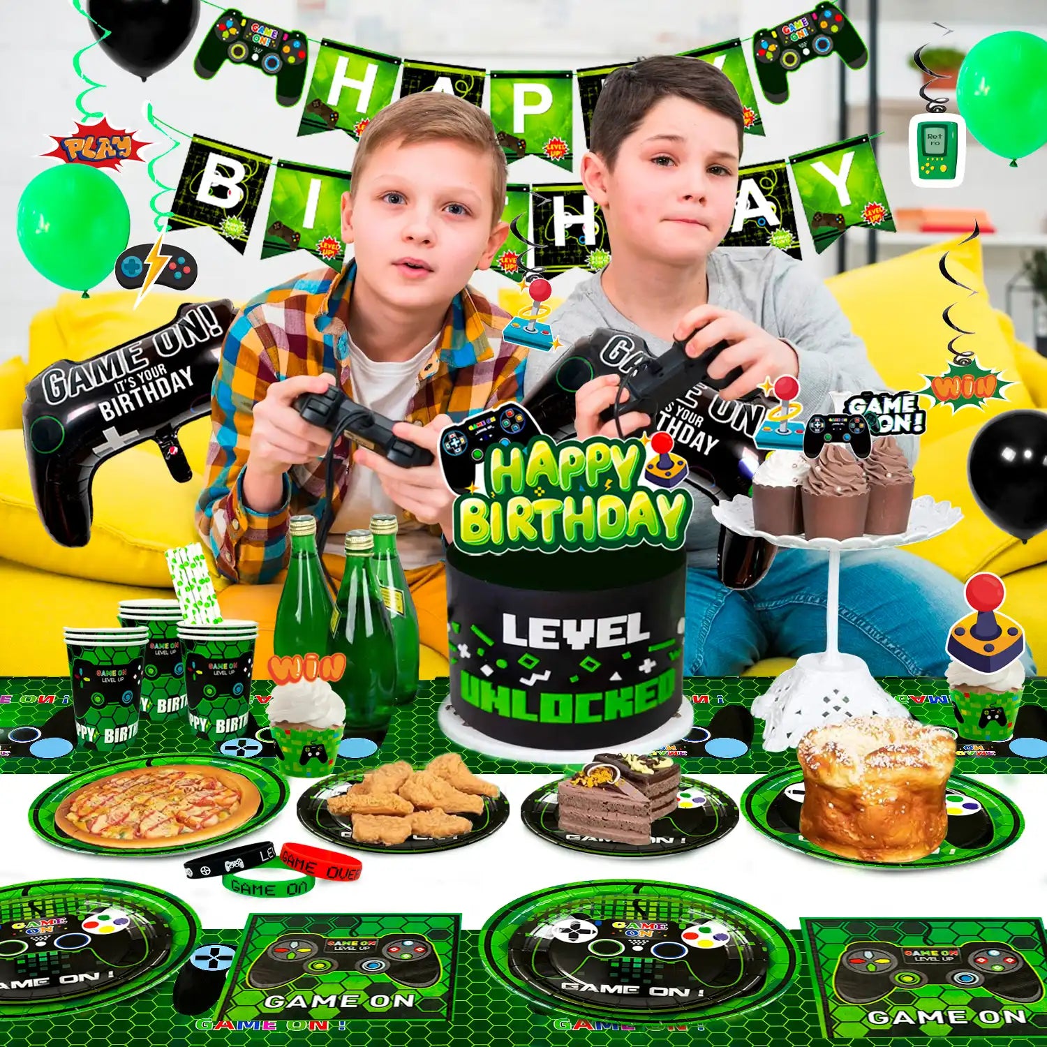 Gaming Birthday Party Supplies for Boys,132pcs Video Game Party Decorations&Tableware Set - Gaming Decorations Plates Cups Tablecloth Balloons Banner Cake Topper etc Game On Birthday Party Supplies