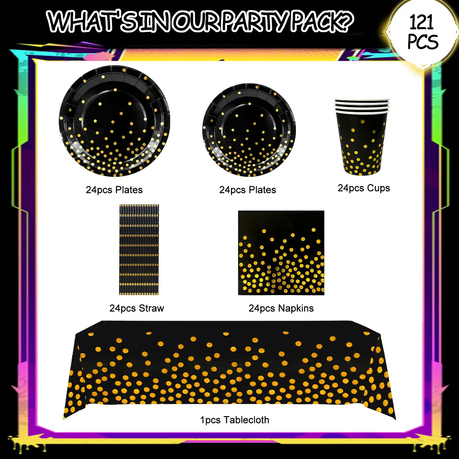Black and Gold Party Decorations Tableware, 24 Guests Black Gold Polka Dot Tableware Set - Black and Gold Paper Plates&Black Golden Dot Paper Cups&Black and Gold Table Cover etc Black Gold Party Supplies