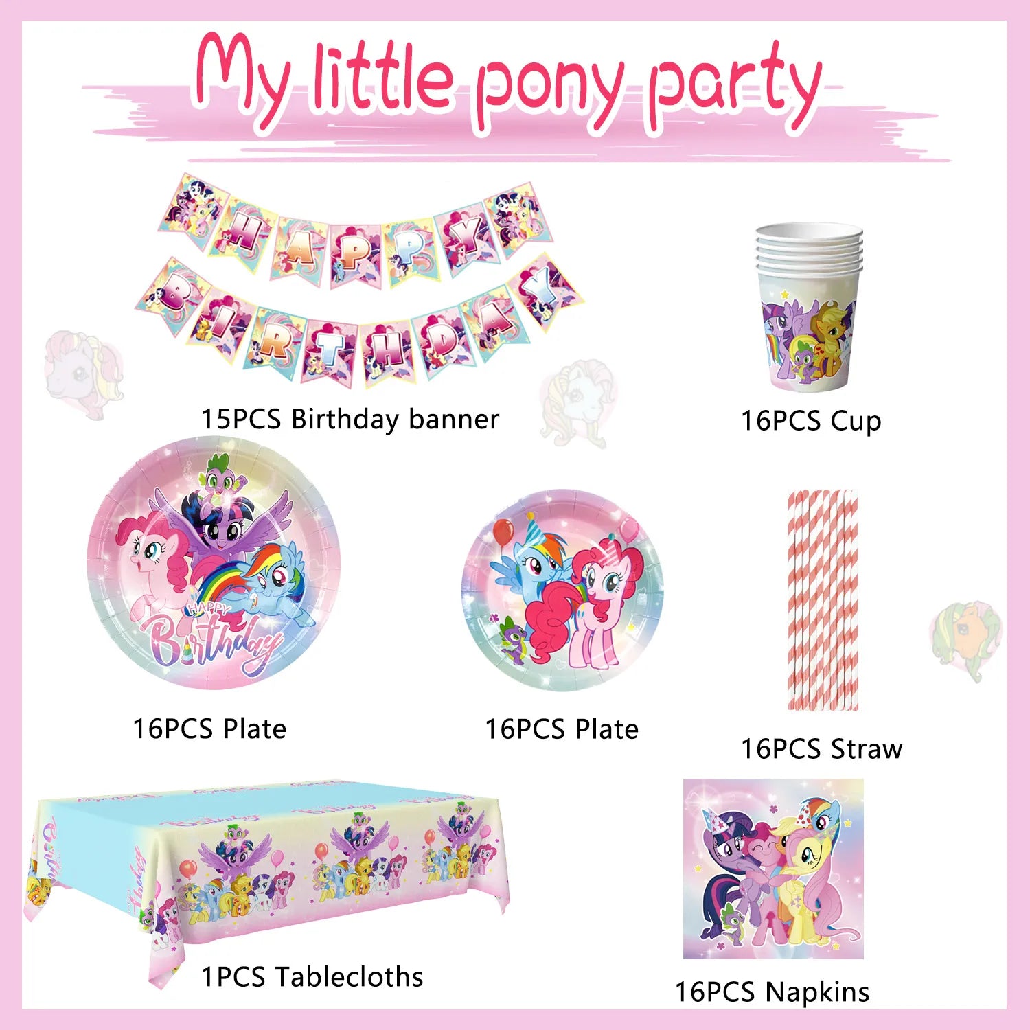 My Little Pony Birthday Party Supplies, 16-Person My Little Pony Decorations & Tableware Set - My Little Pony Plates Cups Napkins & My Little Pony Birthday Party Banner etc My Little Pony Party Supplies