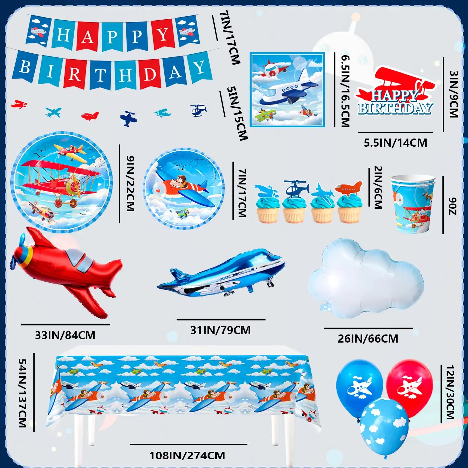 Airplane Birthday Party Decorations, 16 Guests Airplane Party decorations & Airplane Party Tableware set - Airplane Plates Napkins Cups Table Cloth Balloons Backdrop etc Airplane Birthday Party Supplies